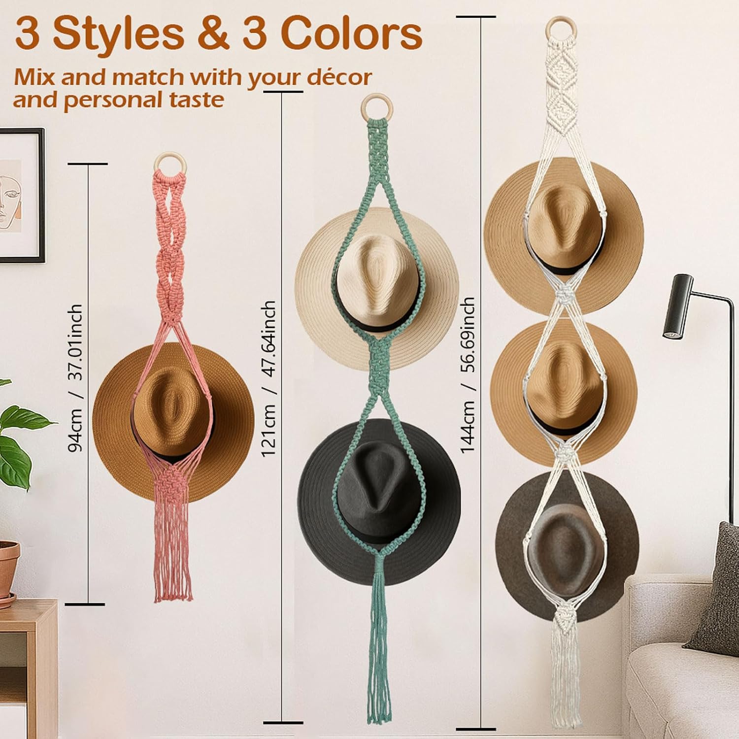 Besoamo Macrame Hat Hanger for Wall, Boho Hat Rack for Wall Hanging Hat Display, Hand-woven Hat Organizer for Wide-Brim Hat, Decorative Bohemian Hat Storage Cowboy Hat Holder(3 Styles and 3 Colors) image 4