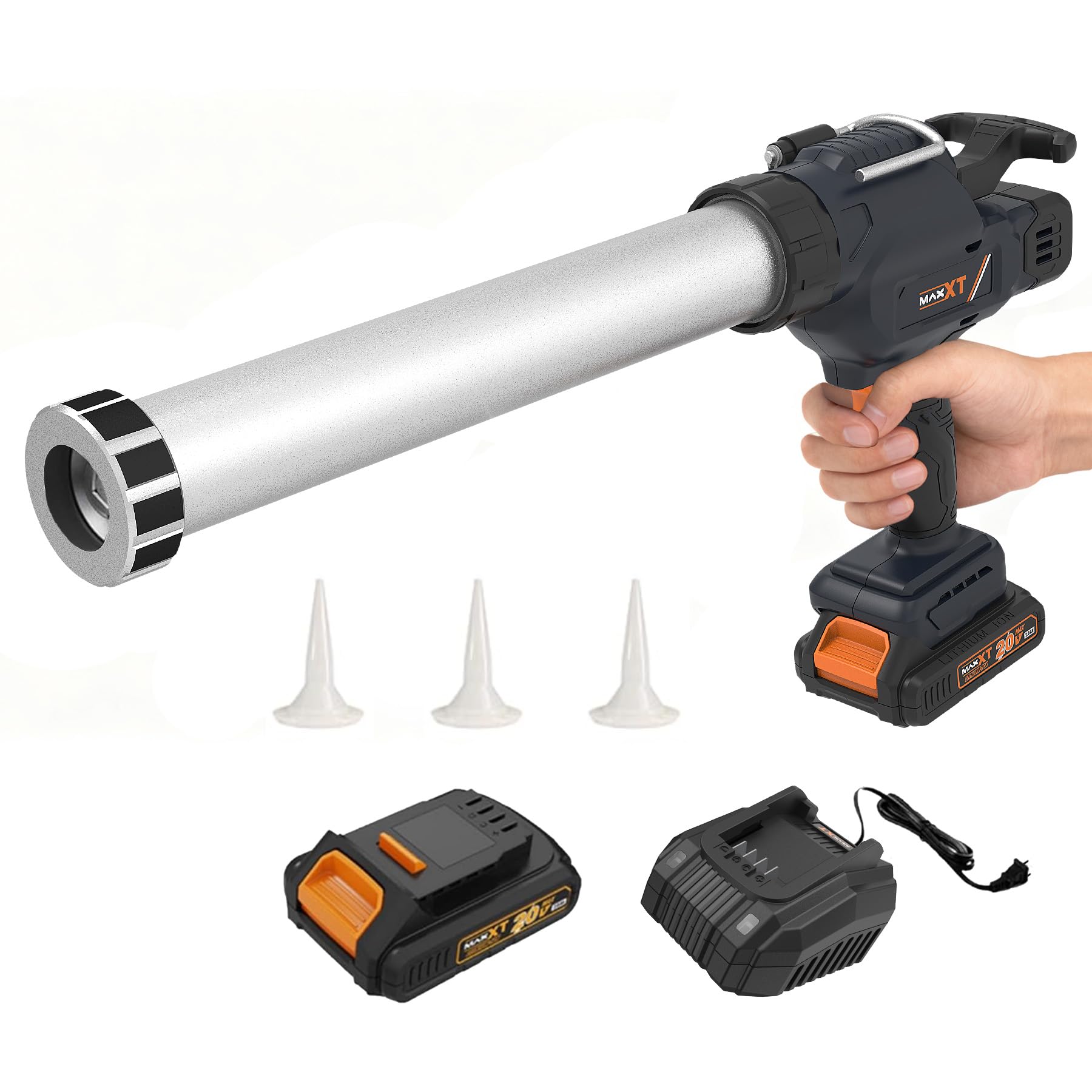 MAXXT Pistola selladora eléctrica para cartuchos de 600 ml, pistola de silicona de 20 V con baterías de 2000 mAh para sellar y impermeabilizar