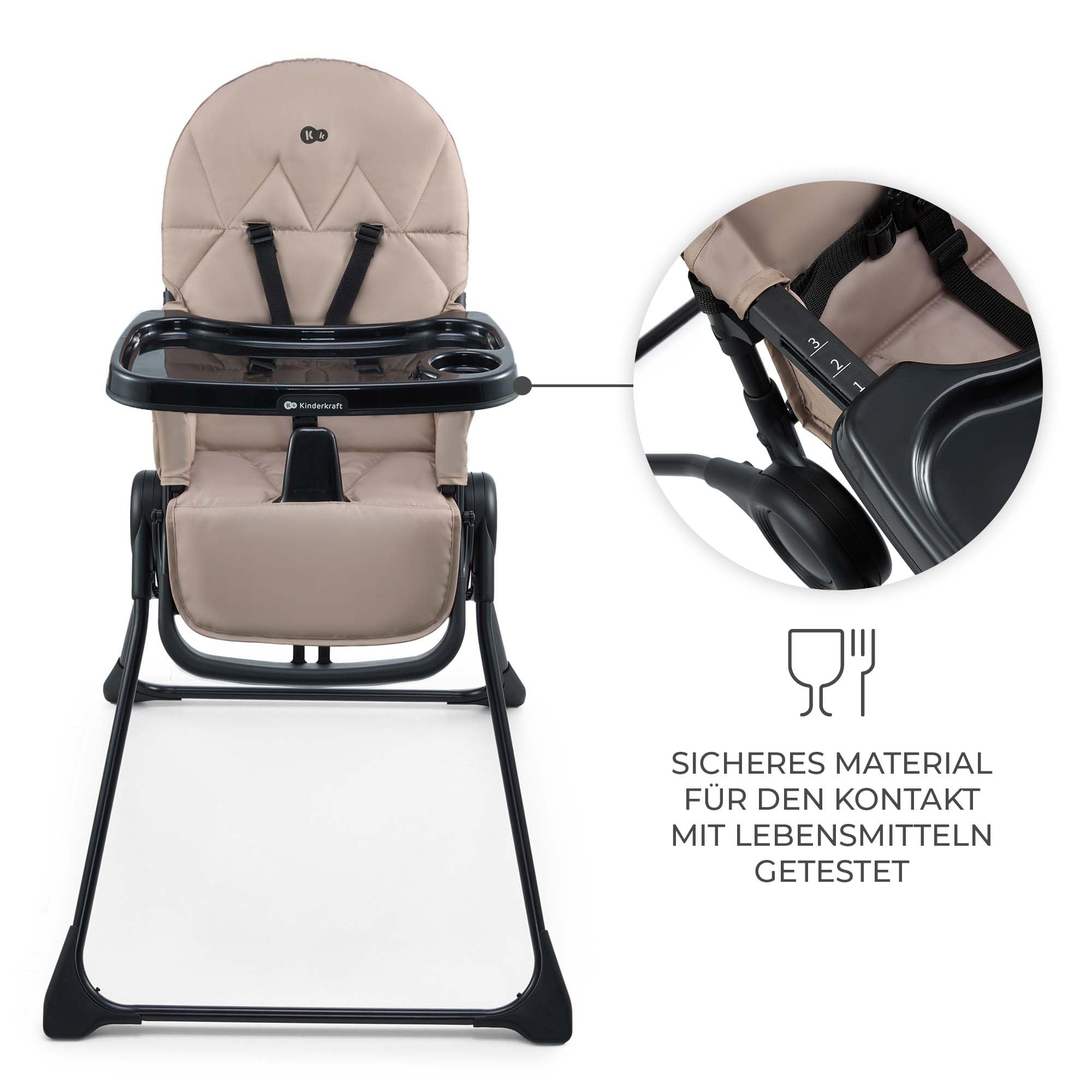 Kinderkraft BINCI Kinderhochstuhl, Babystuhl, leicht und faltbar mit Tablett, Fußstütze und 5-Punkt-Gurt, ideal für kleine Räume und Reisen, Beige