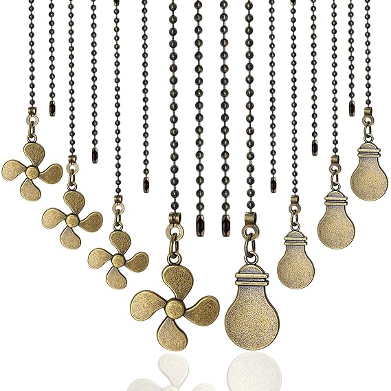 EIFHYT Ceiling Fan Pull Chain Set, Light Bulb and Fan Pattern Pull Chain Extension 12 Inch 3mm Diameter Beaded Ball Connector Best for use with Ceiling Fan Lighting (4 Set Bronze)