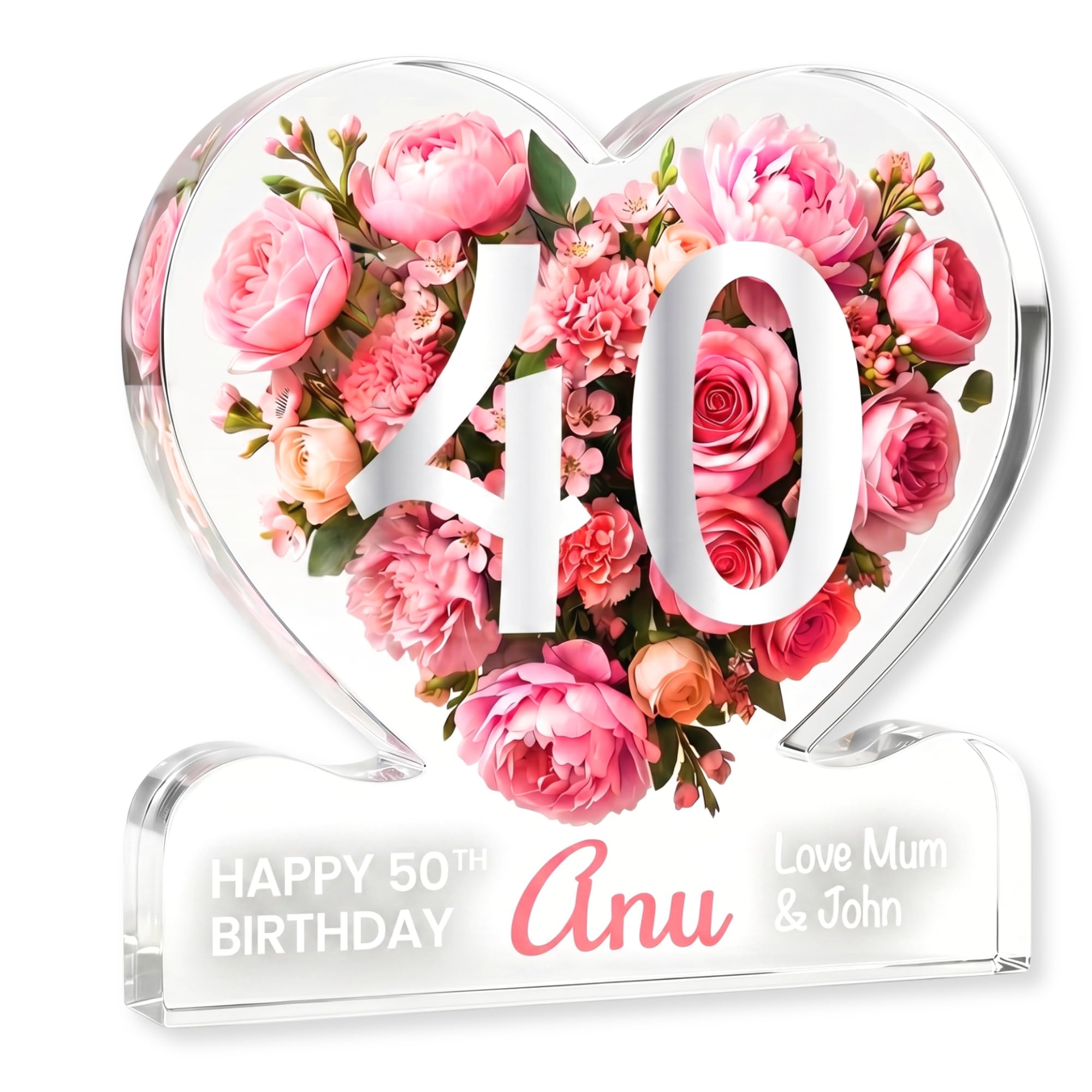 MyKeepsy Personalised 40th Birthday Plaque – Custom Name & Message Heart Acrylic Keepsake, Floral 40 Decoration Gift for her, 5 Colour Options (Soft Pink)