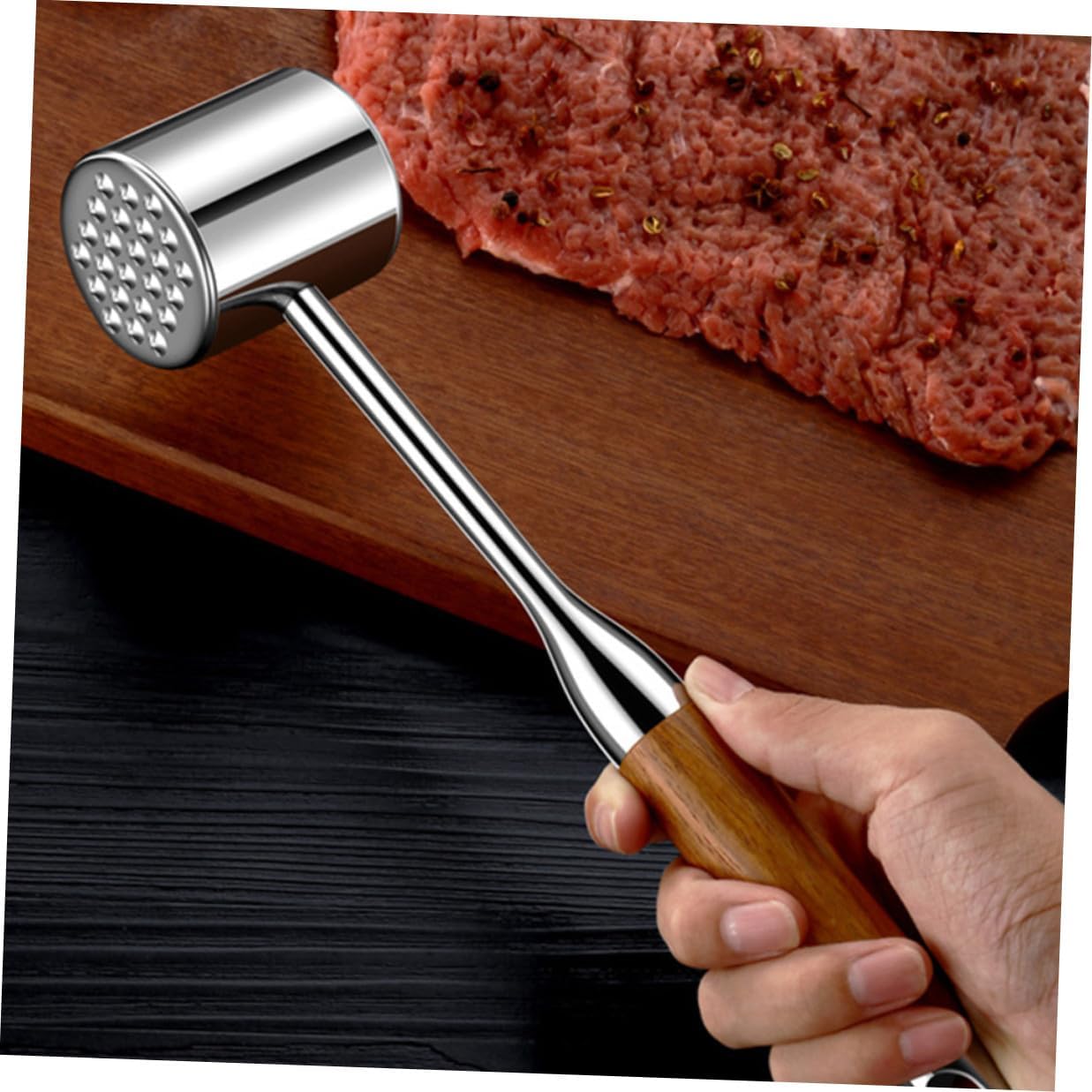GLEAVI Stainless Meat Mallet and Tenderizer Tool 304 Stainless Steel Beef Pounder with Hardwood Handle for Home Kitchen Steak Preparation Random Color