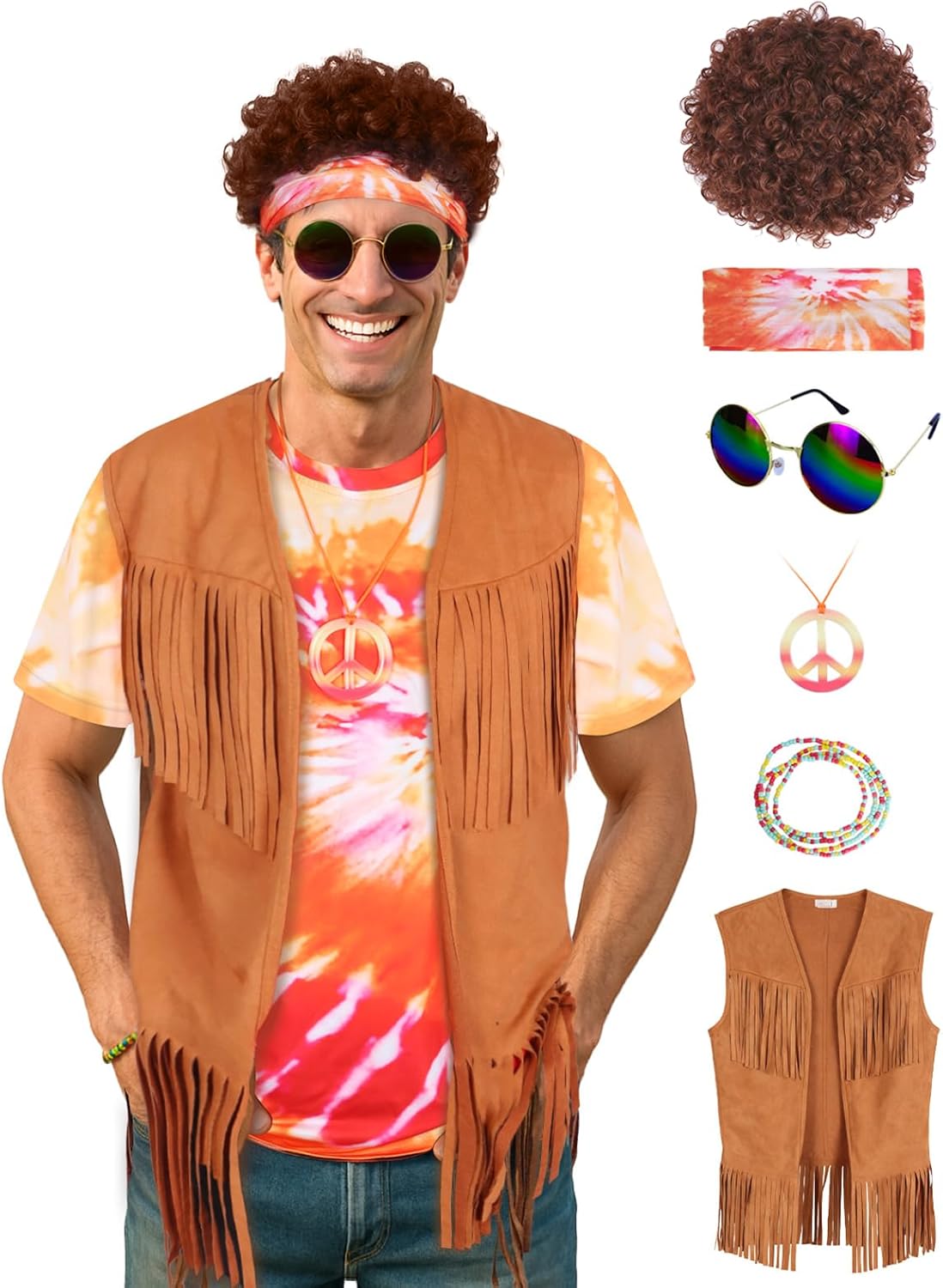 Treature Hippie Costume for Men 60s 70s Outfits for Men Tie Dye Shirt Set Fringe Carnival Vest Wig Tie Dye Headband for party