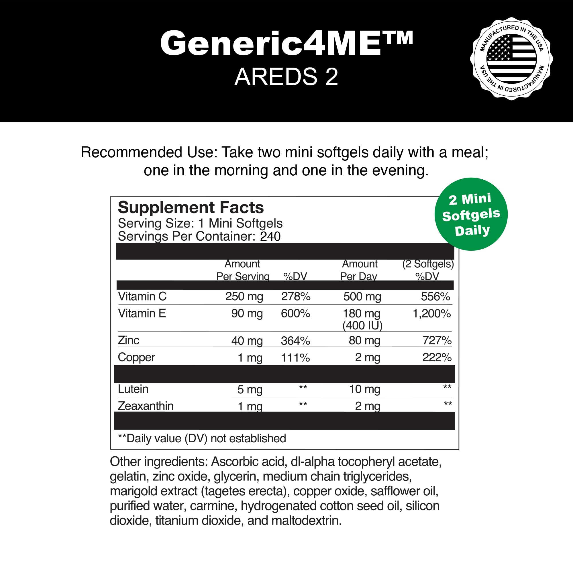 AREDS 2 SoftGels, 500 mg Vitamin C, 400 IU Vitamin E, 10 mg Lutein, 2 mg Zeaxanthin, 80 mg Zinc, 2 mg Copper - Supports Eye Health - 240 Mini SoftGels (Four Month Supply) — Amazon image 7