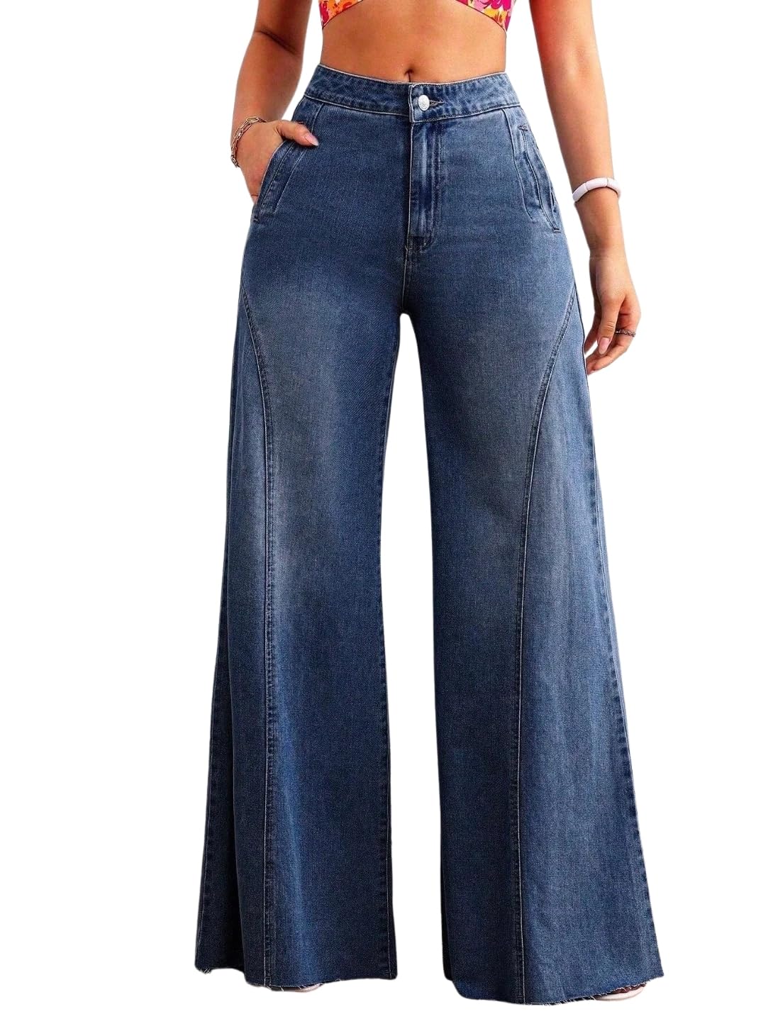 Flared Wide Leg Jeans for Women High Waist Stretchable Denim | Fit and Flare Raw Hem Cotton Spandex Bottom (WJ-2702-$)-image-25