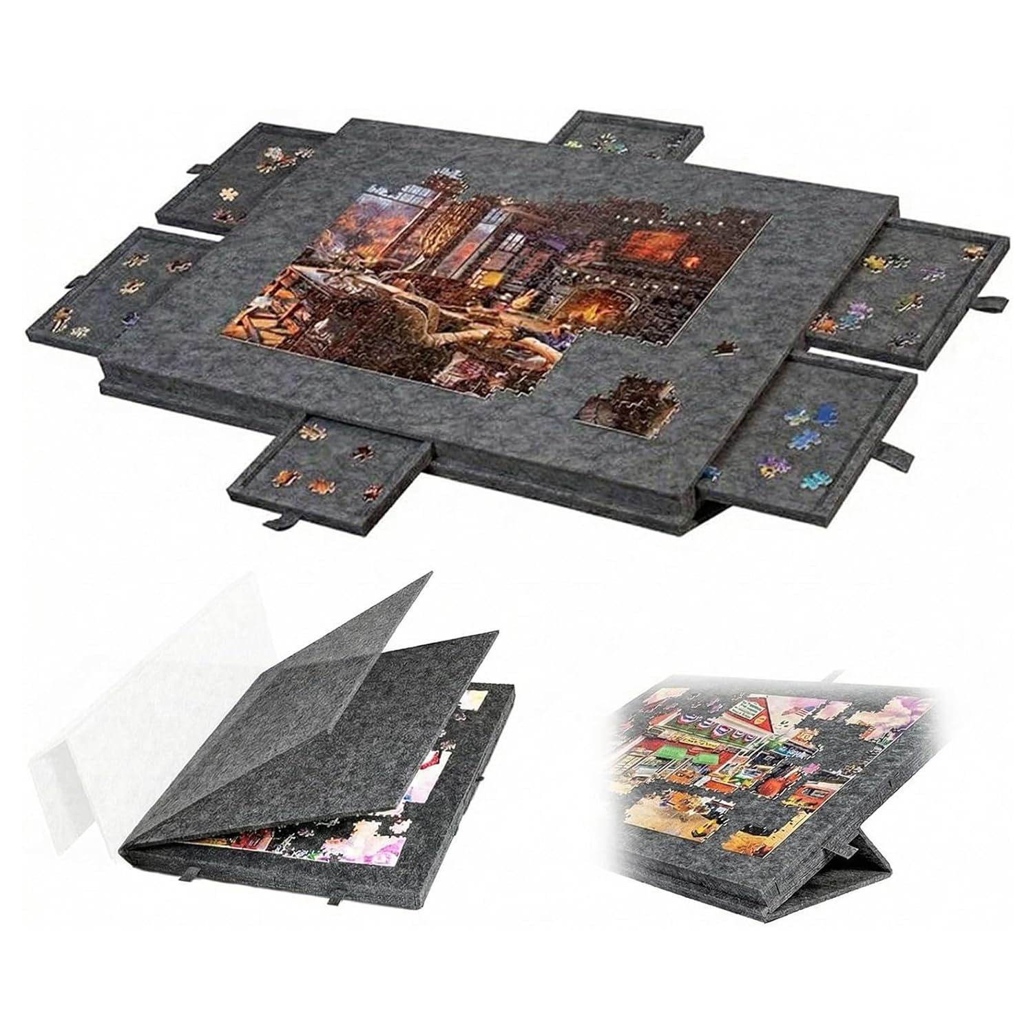 Planche de Puzzle Inclinable 2 en 1,Planche à Puzzle Portable avec 6 Tiroirs & Couvercle,Table de Puzzle en Feutre Super Légère,Support Inclinable à Velcro,pour Enfants et Adultes (Gris foncé) - 1