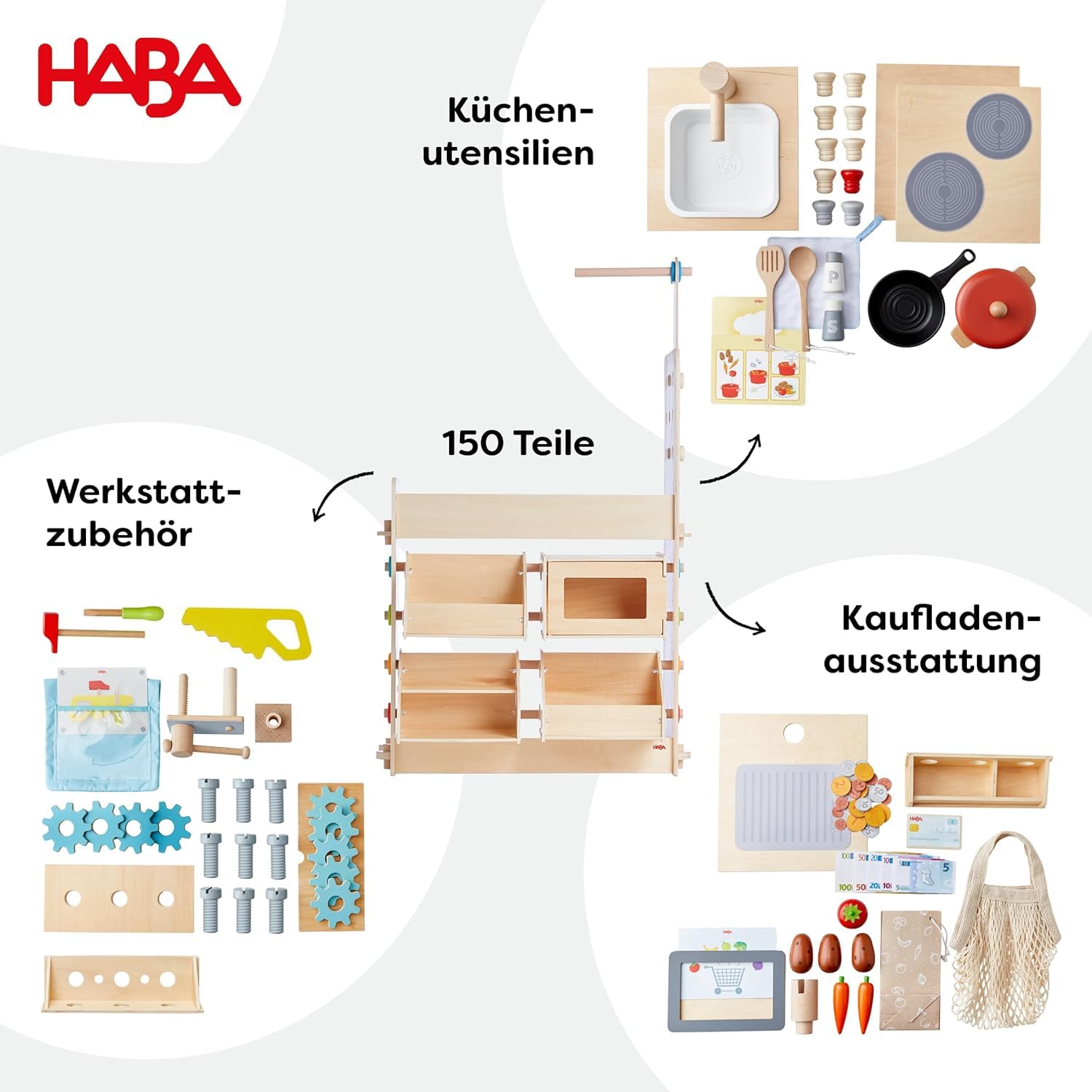 HABA Creative Play 3 in 1 - Spielküche, Kaufladen & Werkstatt für Kinder ab 3 Jahren - Werkzeugloser Aufbau & Einfacher Wechsel - 2011830001
