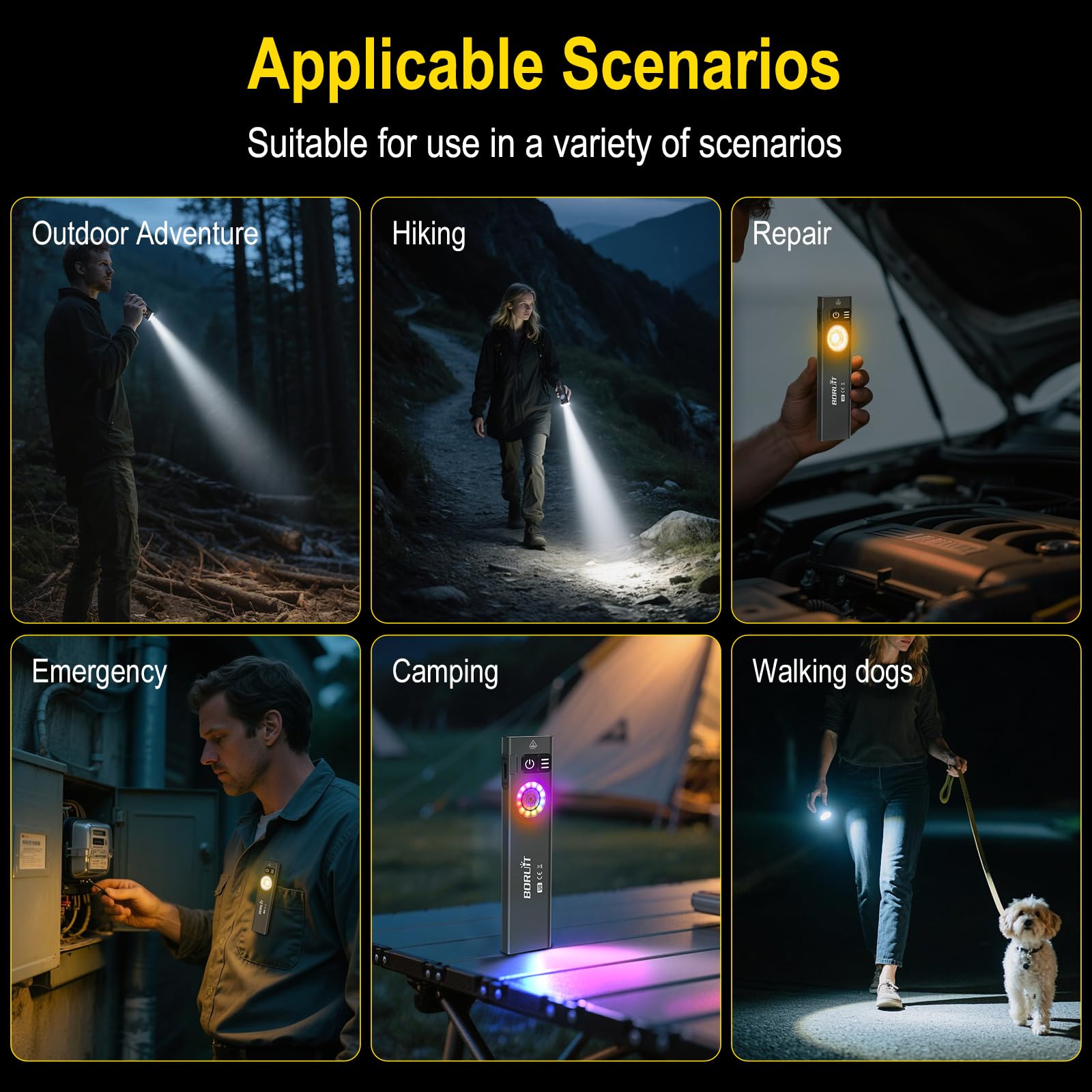 BORUIT U8 Mini Torcia LED EDC Piatta 650 Lumen, Ricaricabile USB-C con Luce Bianca, Gialla e RGB, IP67 Impermeabile, Base Magnetica e Clip per Campeggio, Escursioni ed Emergenze