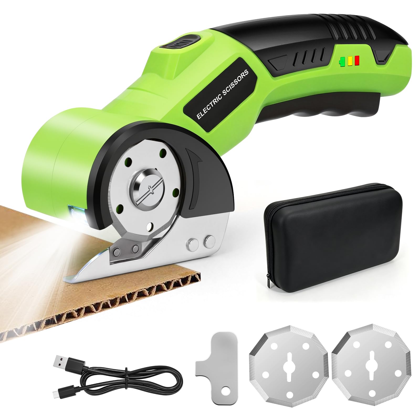 Ciseaux Électrique Tissu Couture 4V– Ciseaux Electriques Rechargeables avec Lame Auto-Affûtée & Lame de Rechange – Pour Papier, Carton, Moquette, Cuir, Plastique – Idée Cadeau pour Bricolage