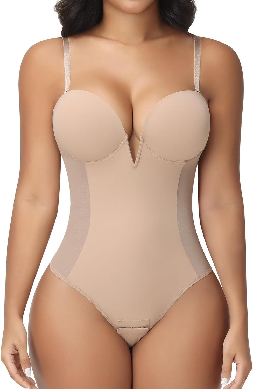 SHAPERIN Women's Deep V Low Back Strapless Body Shaper Bra Faja Plunge Backless Tummy Control Thong Shapewear Bodysuit