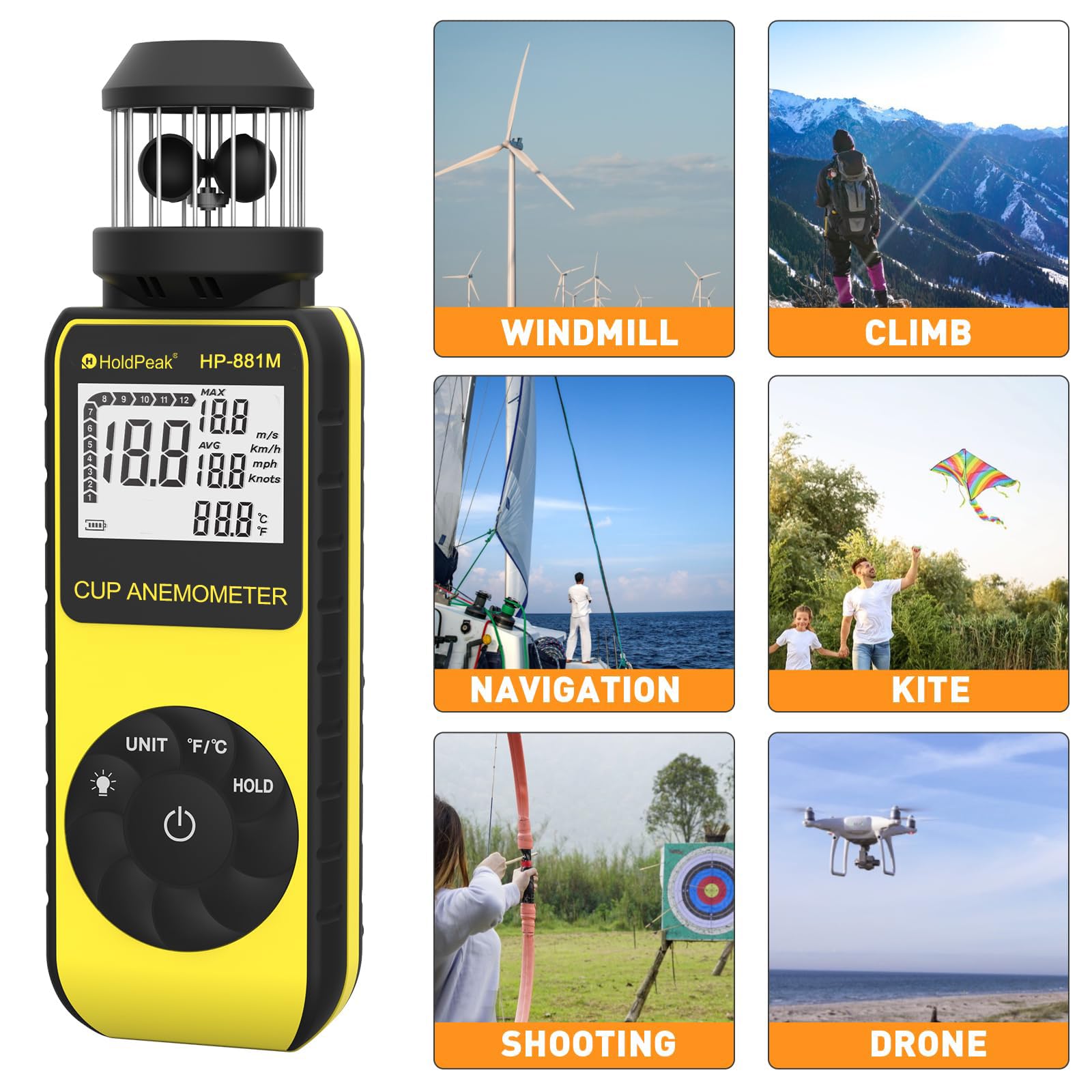 Anémomètre Numérique, HoldPeak 881M Vitesse du Vent de Mètre 4 Cups Wind Speed Meter 0.7~42m/s Compteur de Vitesse du Vent et Température (℃/℉) avec Boussole, pour Tir, Pêche, Voile, Kitesurf