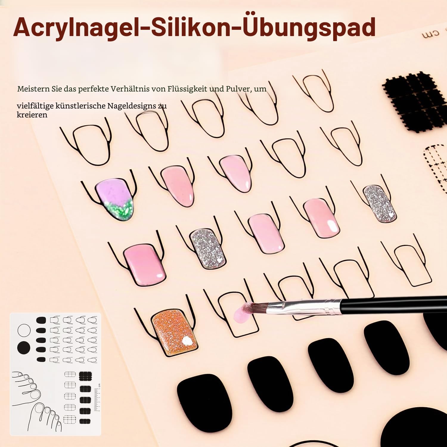 Acryl Nagel Set mit Übungshand & 100 Ersatznägeln – Profi Nail Art Kit für künstliche Nägel, Nagelverlängerung, Acrylpulver, Pinsel, Rhinestones & Silikon Übungspad für Anfänger