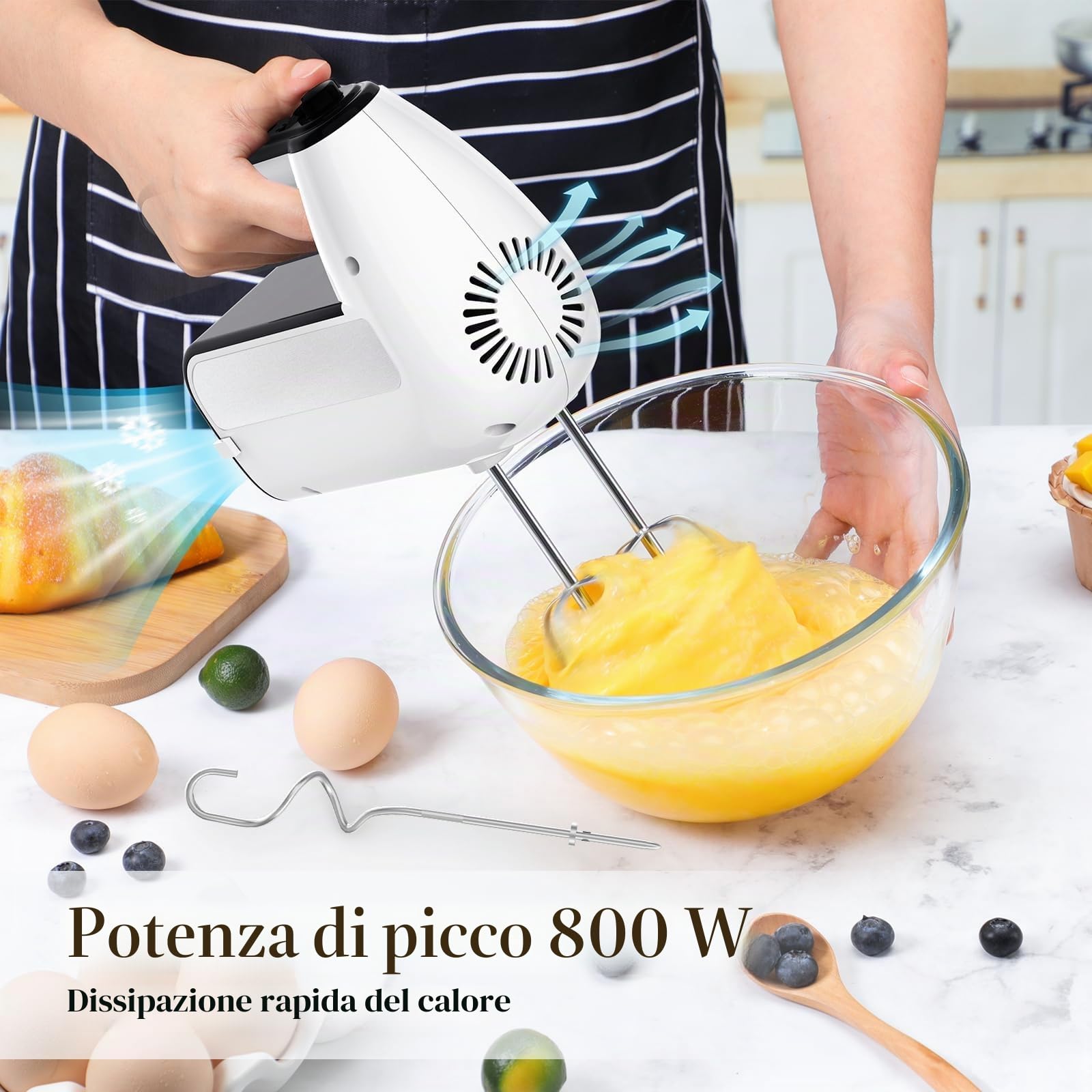 Miscelatore manuale elettrico a 5 velocità, miscelatore portatile da 800 W con turbo per cottura e cottura, miscelatore da cucina con custodia e 6 accessori in acciaio inossidabile (2 fruste, 2 ganci