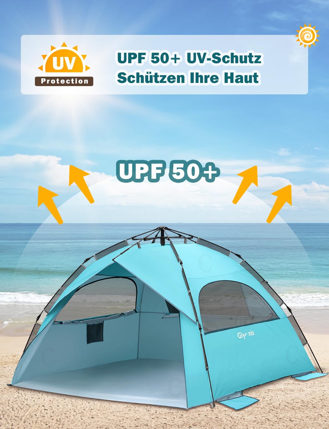 Glymnis Strandmuschel Quick Up Strandzelt Automatisches Zelt UV-Schutz 50+ Windschutz für 4-6 Personen Blau