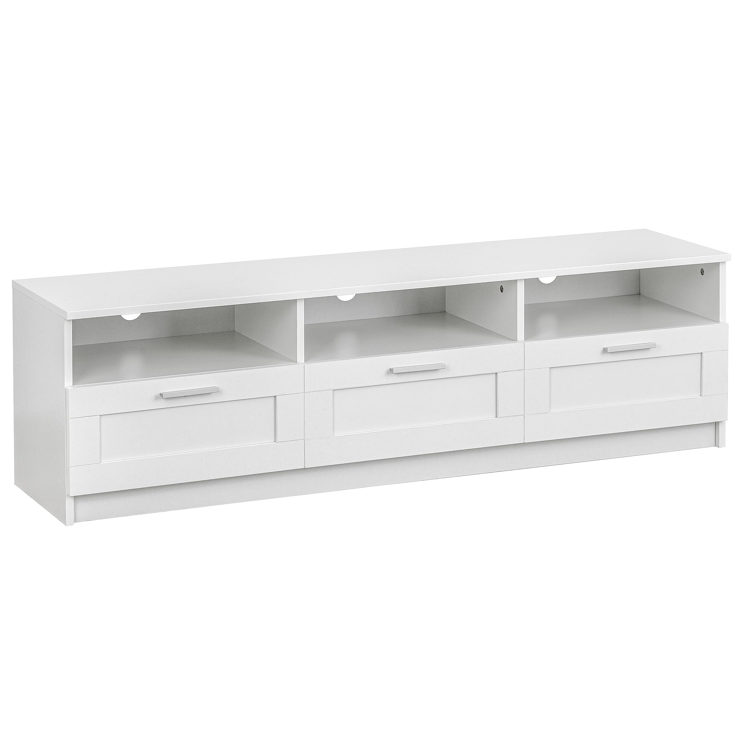 Baroni Home Mobile per Tv con 3 Ripiani 3 Cassetti, Foro per Passaggio Cavi in MDF, Consolle Porta TV per Camera da Letto, Salotto, Cucina, Bianco, 140x33x30 cm