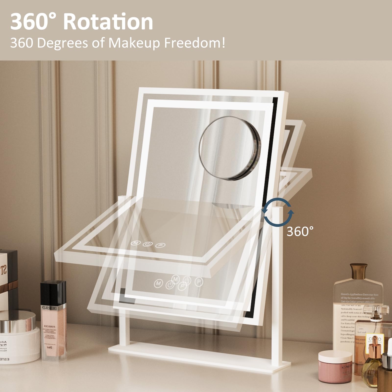 Makeup Mirror with Lighting, Hollywood-Spiegel, 3 Farbtemperaturen, einstellbare Beleuchtung, 360° drehbar, Smart-Touch-Bedienung, Abnehmbarer 10-Fach Vergrößerungsspiegel, 30 x 40 cm