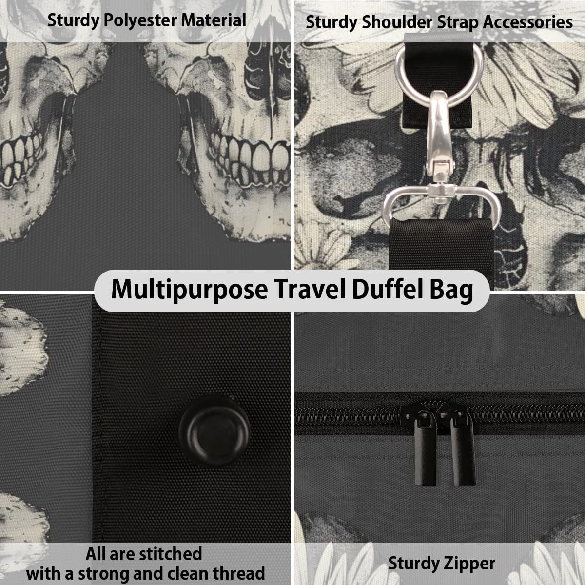 Travel Duffel Bag, Retro Skull Flower Sports Tote Gym Bag Foldable Weekender Workout Bags Carry on Luggage Handle Overnight Shoulder Bags for Women Men