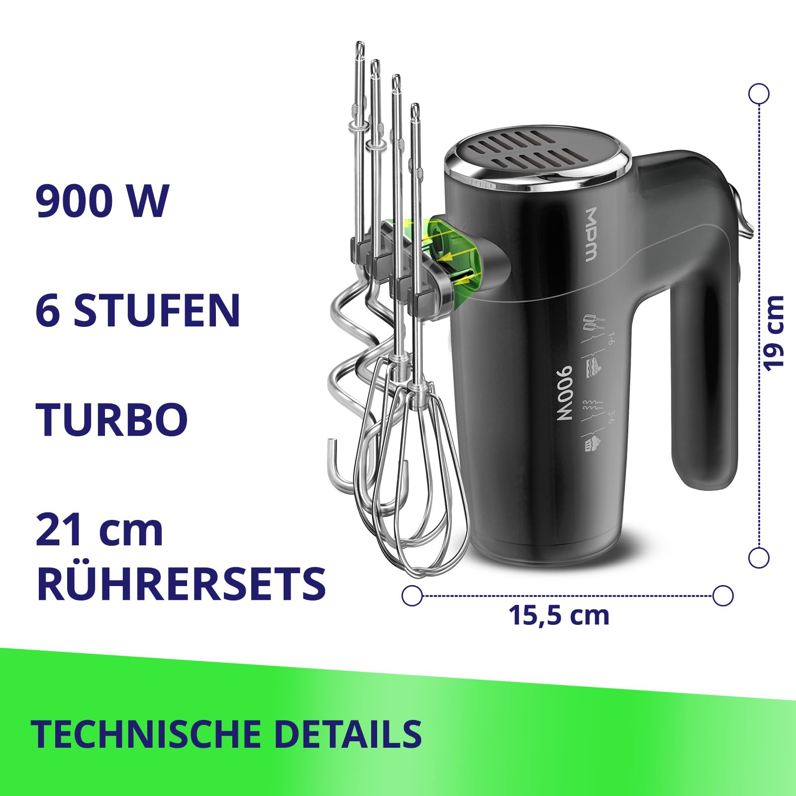 MPM Handmixer 900W - 6 Geschwindigkeitsstufen + Turbo, 4 Lange Rühraufsätze | Handrührgerät mit Auswurftaste, Sicherheitsverriegelung, spülmaschinenfeste Rühraufsätze - Schnelles Verarbeiten von Massen