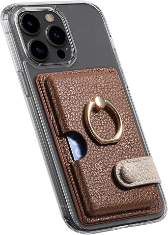 Wallet Stick on Phone Case, Credit Card Holder with Ring for Back of Phone Cases Flip Leather Wallet Sleeve Pouch Compatible with iPhone, Samsung Galaxy Android Most Smartphones Brown
