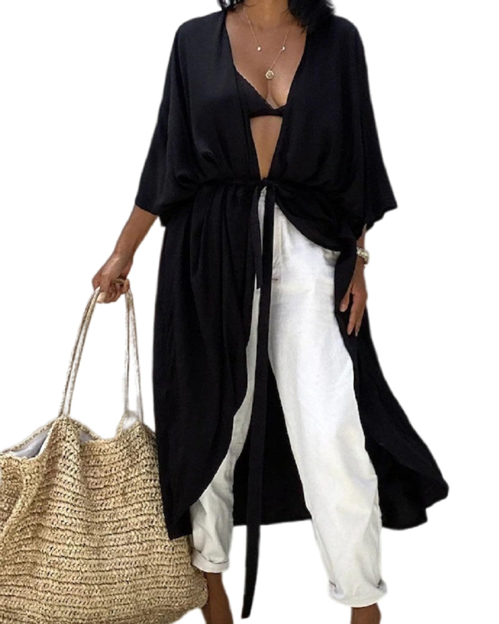 Jarseila Cárdigan Mujer Kaftan de Playa Colores Sólidos Vestido de Bikini para Verano Elegante Largo Playa Casual Traje de baño Cubrir Algodón
