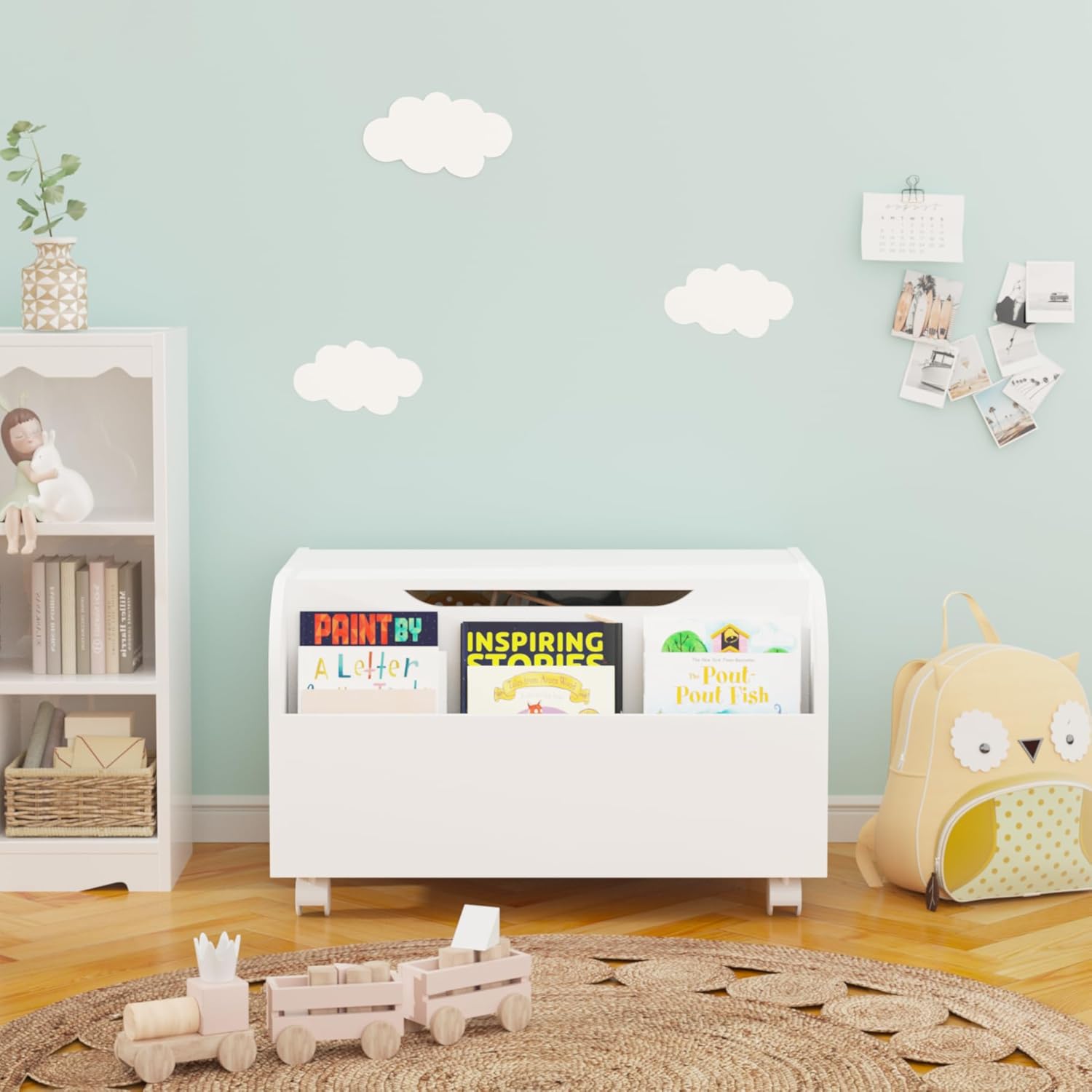 Wooden Box with Front Bookshelf & 4 Universal Wheels, Kids Storage Box Organizer & Bench with Flip-Top Lid and Safety Hinge, Side Handles for Kids Room, Montessori Classroom Furniture White