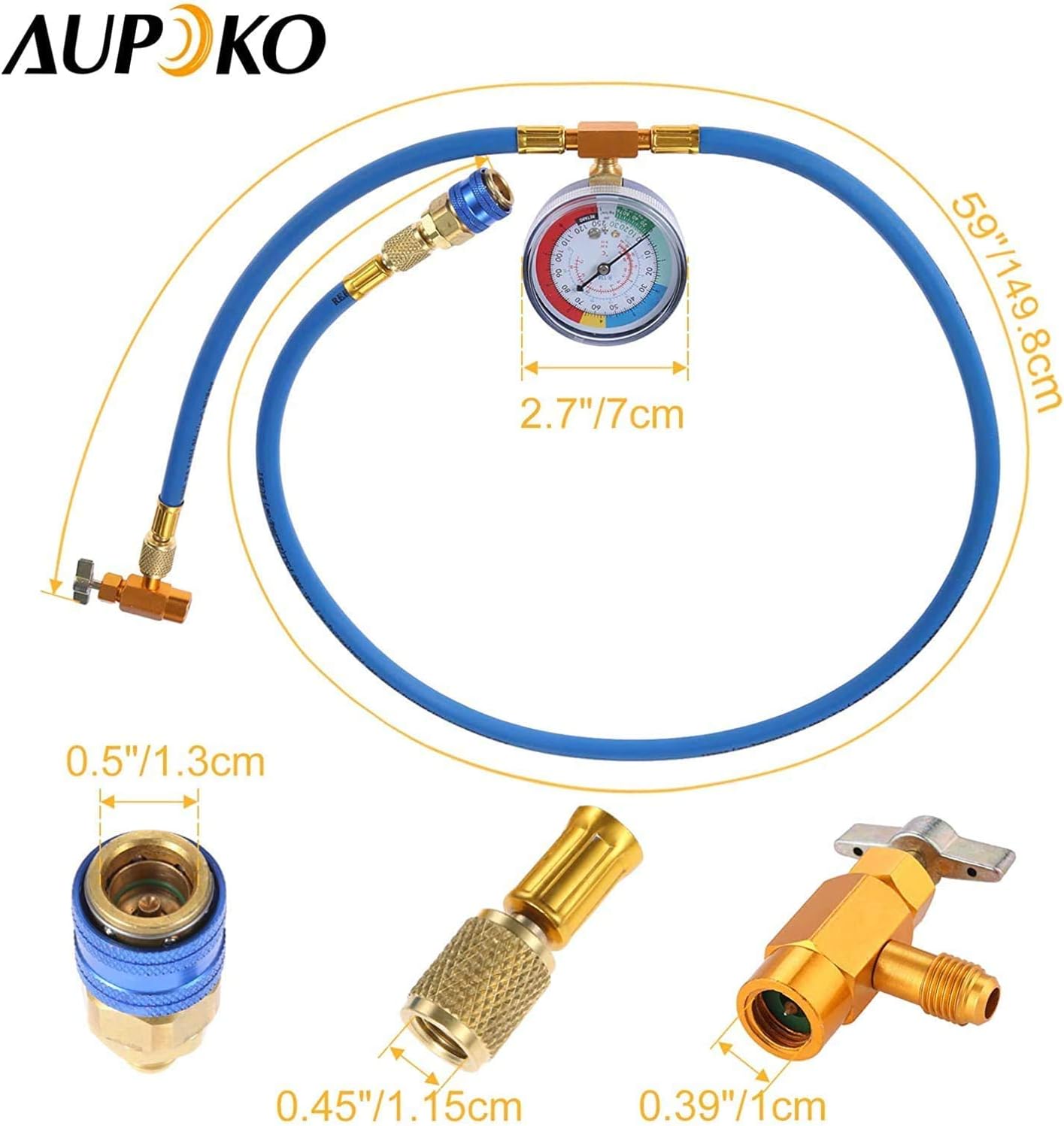 Aupoko R134A Recharge Hose Kit with Gauge, 59'' AC Refrigerant Recharging Hose with 1/2" Female R134A Can Tap Refrigerant Dispenser, R134A Quick Couple, and R410A Straight Swivel Adapter : Automotive
