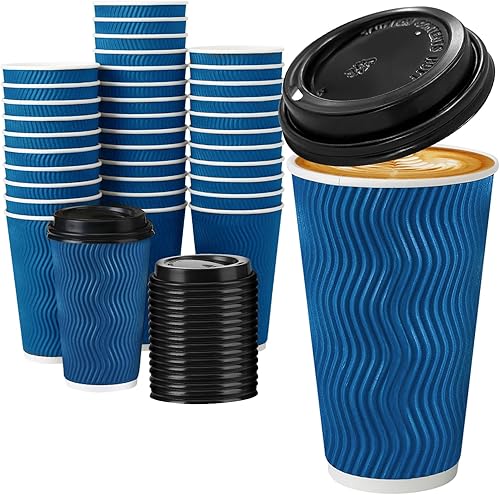 Vista 15 de Tazas de café de 16 onzas con tapas, paquete de 50 tazas de café desechables con tapas, taza de café de papel aislada para bebidas frías y calientes
