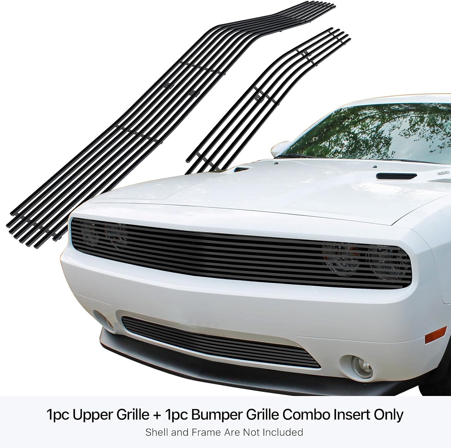 APS Black Billet Grille Grill Insert Combo Compatible with Dodge Challenger 2011 2012 2013 2014 Phantom Main Upper Lower Bumper D61352H