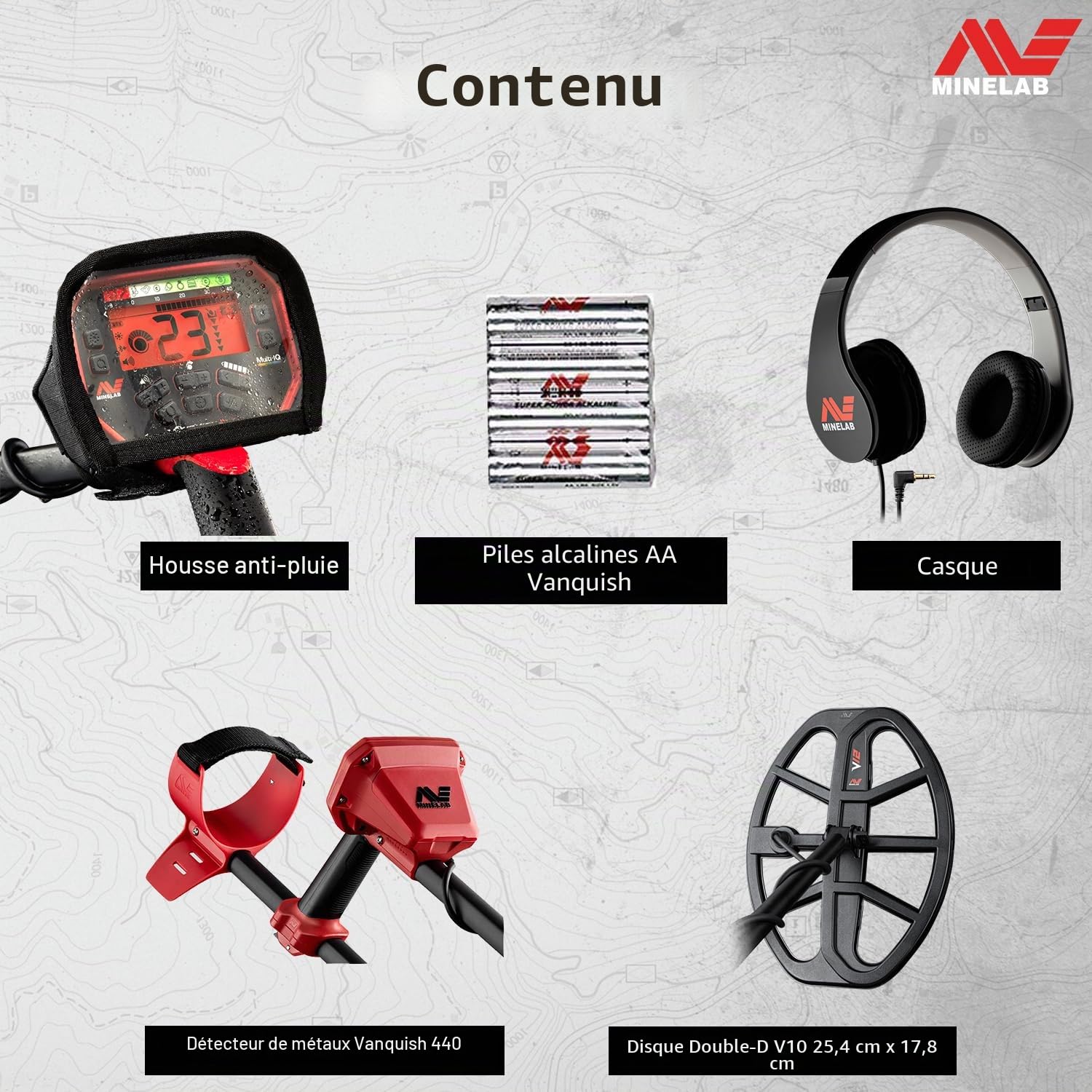 Minelab Vanquish 440 Détecteur de métaux Multi-fréquences pour Adultes avec Bobine étanche V10 10 ""x7 Double-D (4 Modes de détection, Casque d'écoute Filaire et Housse de Pluie Inclus)