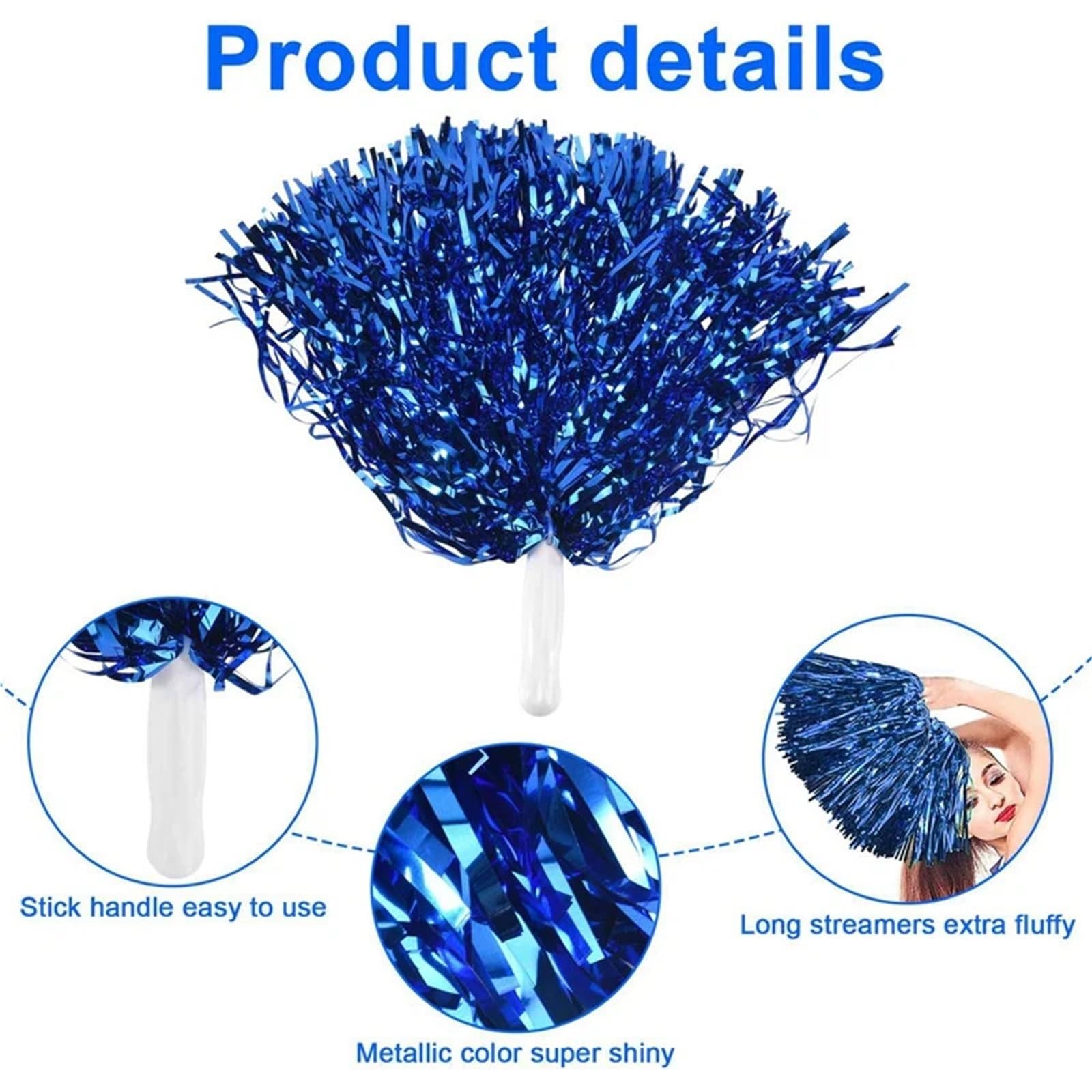 Lot de 120 pompons de pom-pom girl en aluminium métallique avec poignée en plastique pour adultes - Bleu