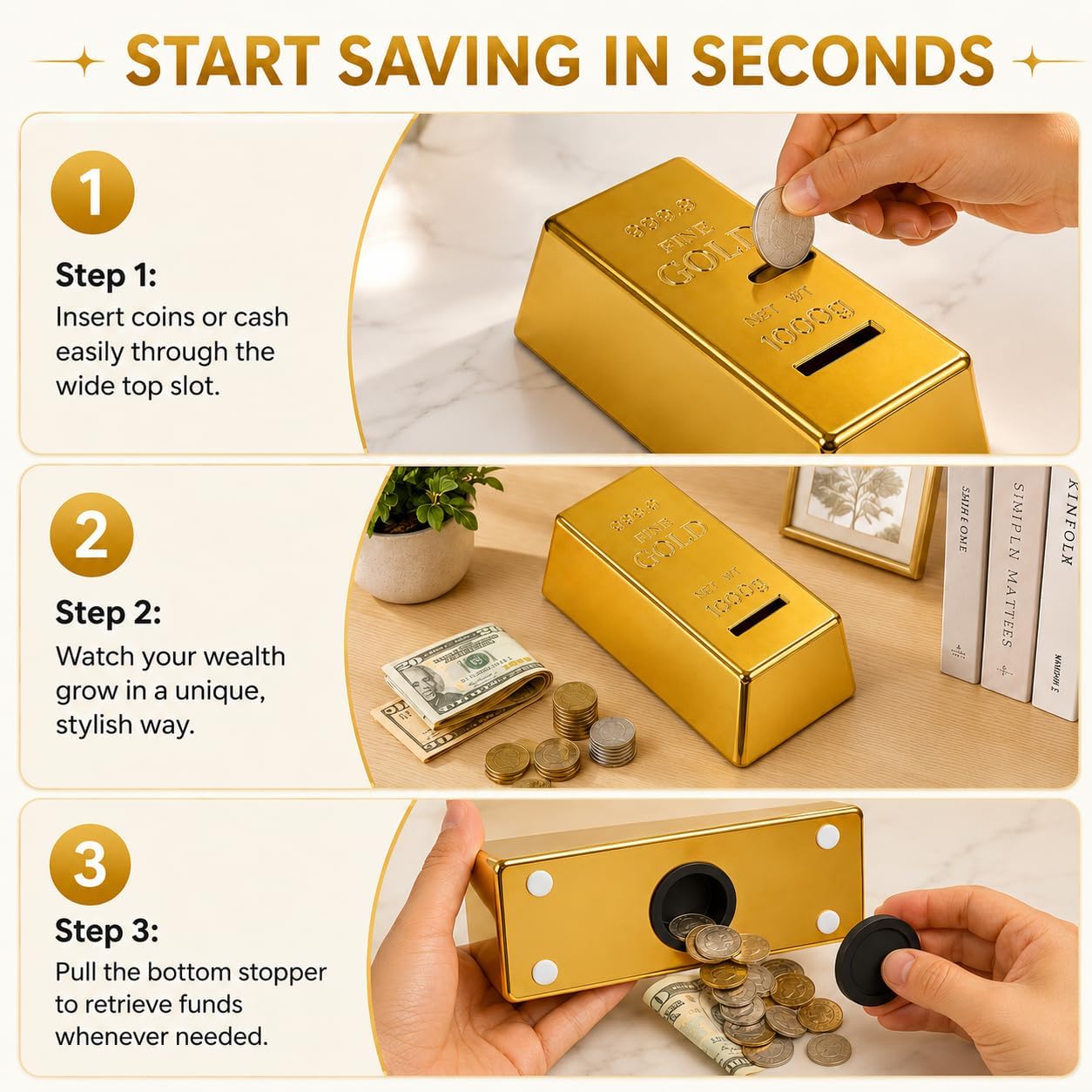 KESYOO Gold Coin Piggy Bank for Adults, Gold Bar Money Box with Stopper image 3