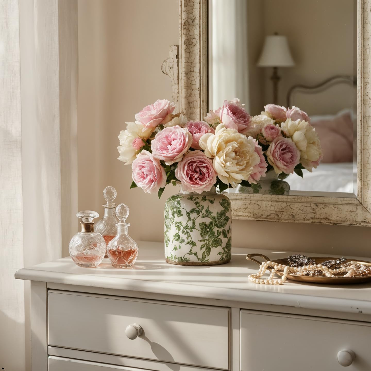 Vintage Green Crackle Glaze Ceramic Flower Vase, 6” Small Rustic Pottery-Style Decorative Vase with Distressed Beige Rim, Farmhouse Cottage Tabletop & Mantel Home Decor - Image 7