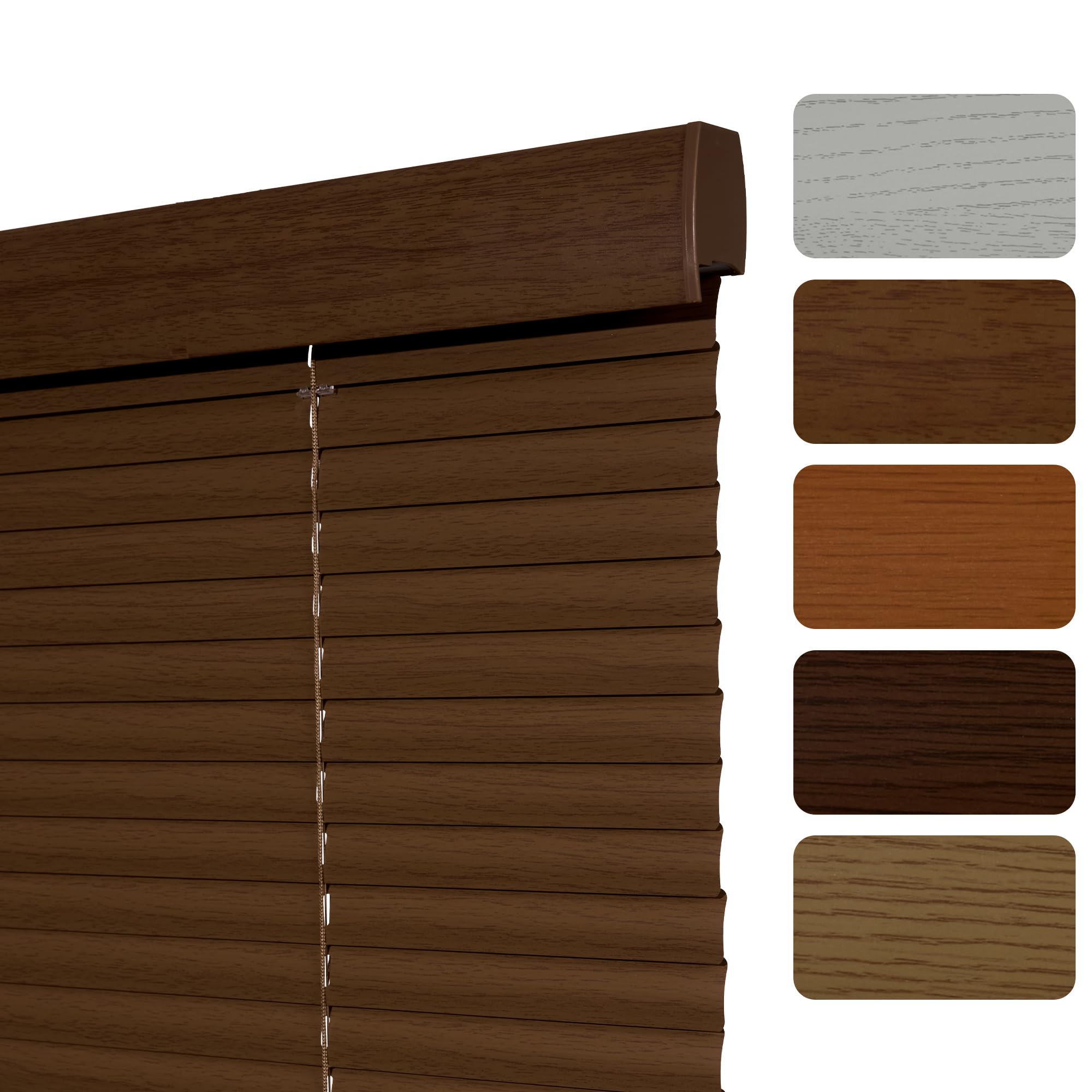 Boolegon 1" Aluminum Faux Wood Mini Blinds Cordless Waterproof Horizontal Blinds Room Darkening Metal Slats Blinds for Indoor Windows,Light Coffee,23"