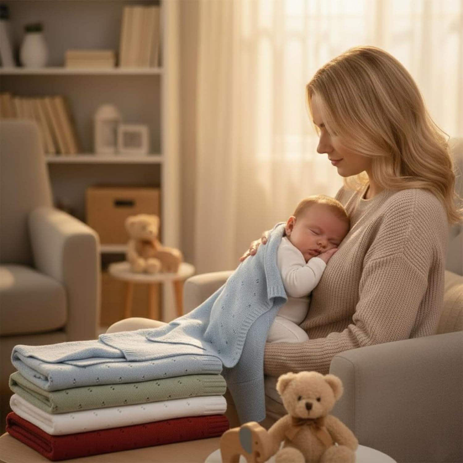 Baby Knit Blanket, 100% Cotton Eyelet Patterns, Soft, Cozy, Lightweight Swaddle for Newborn & Infant Swaddling Beige Neutral, Perfect Baby Shower Ideas White 30x40