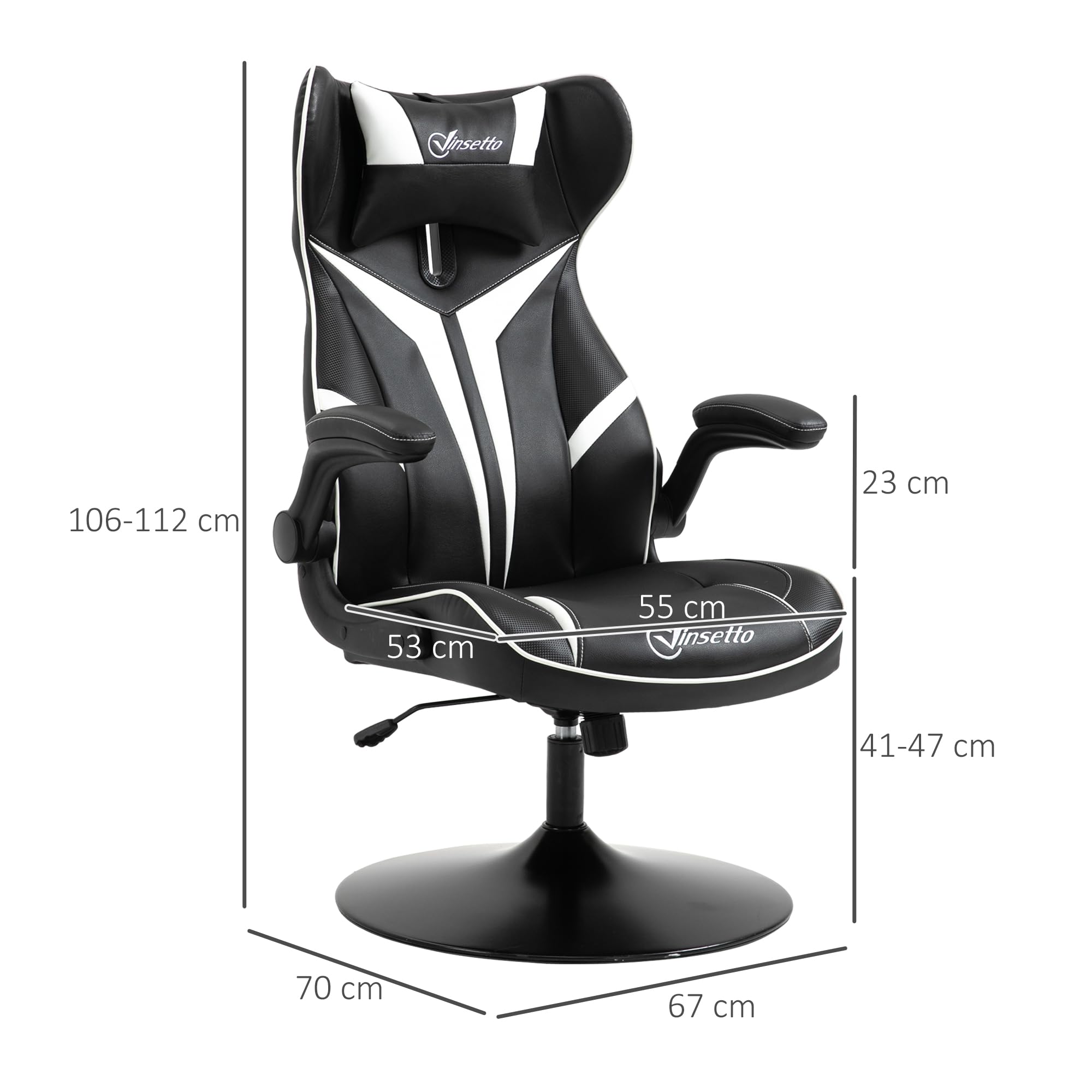 Vinsetto Fauteuil Gamer Chaise de Jeu Gaming pivotante 360° Ergonomique Hauteur réglable accoudoirs revelables Coussin têtière Inclus revêtement Similicuir 67 x 70 x 106-112 cm Blanc et Noir
