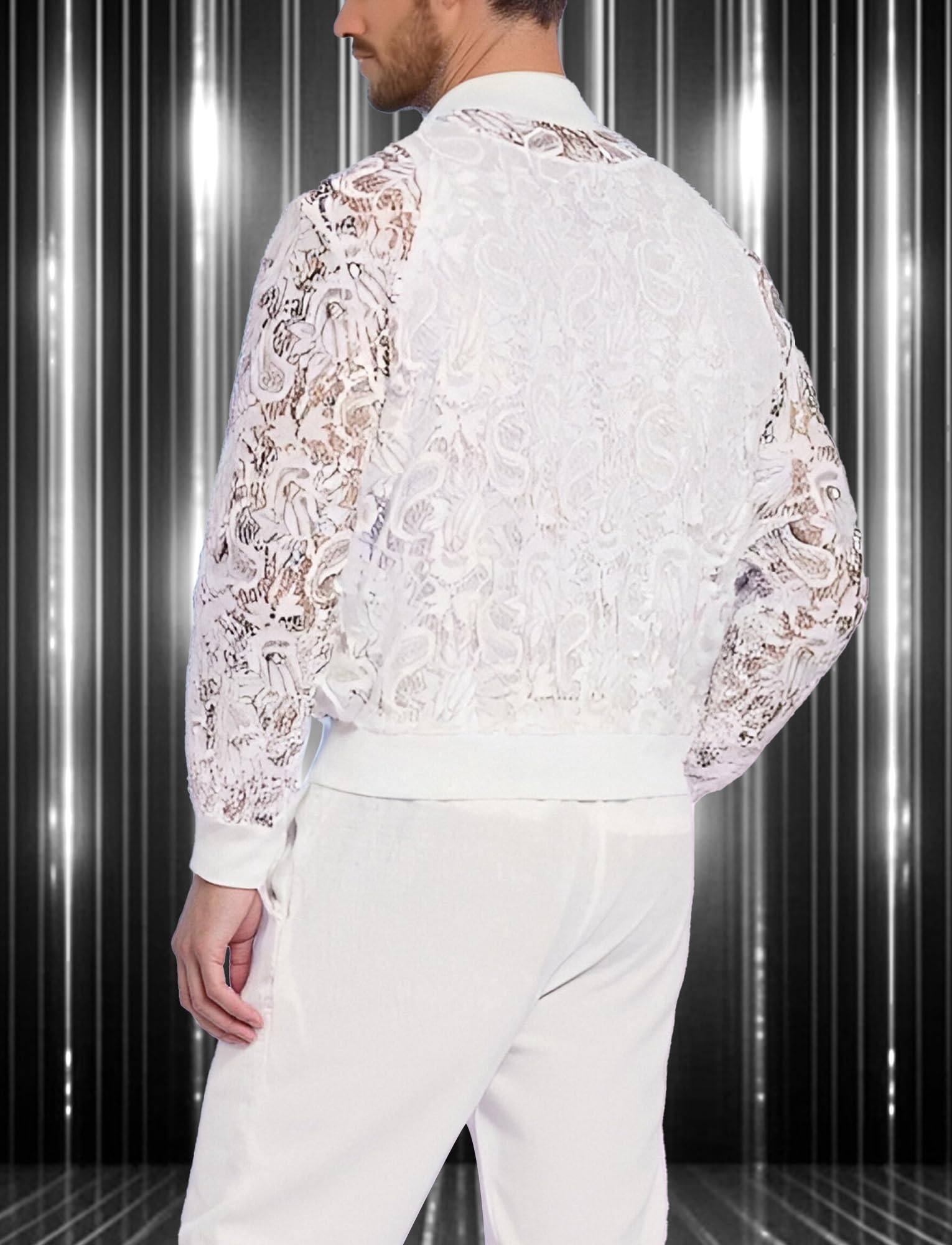 AIEOE Veste en dentelle à manches longues pour homme - En maille - Pour fête, clubwear - Transparent - Pour boîte de nuit, carnaval