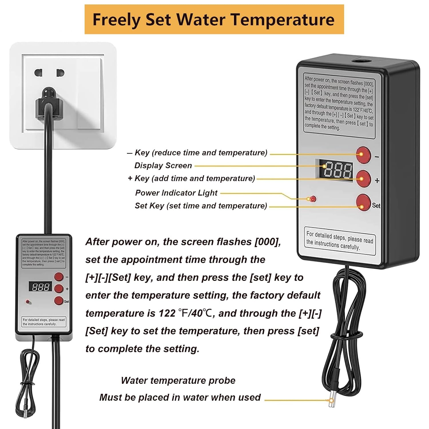 2000W Pool Heater for Inflatable Above Ground Swimming Pool, Immersion Water Heater for Bathtub with Thermostat, Submersible Electric Water Heater, Portable Bucket Heater with 304 Stainless Guard