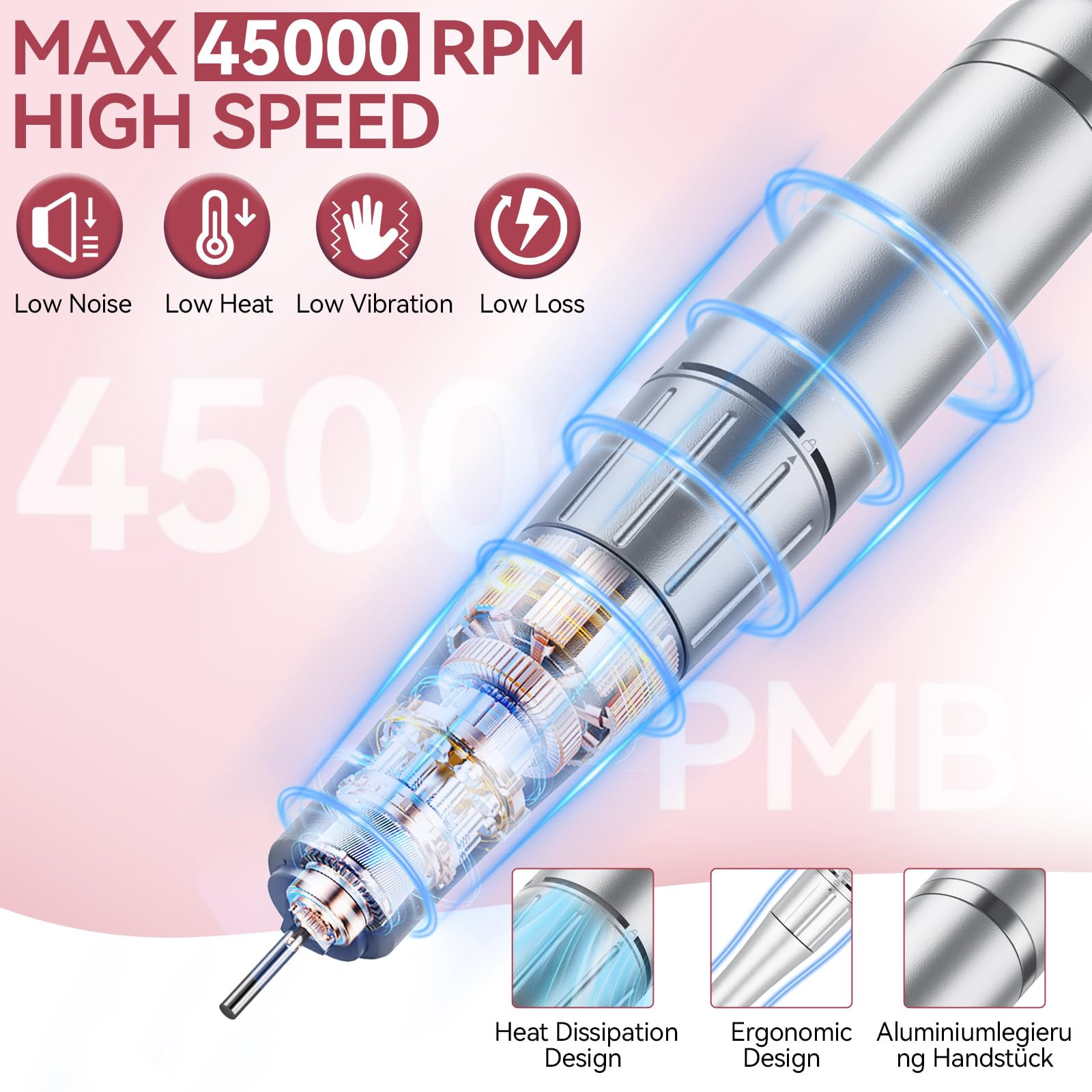 Fresa per Unghie ,Fresa per Unghie Professionale 45000 giri Con 12 in 1 4000 mAh con display LCD, Lime per Unghie Portatili per Unghie Acriliche e gel,Manicure e Pedicure (Rosa)