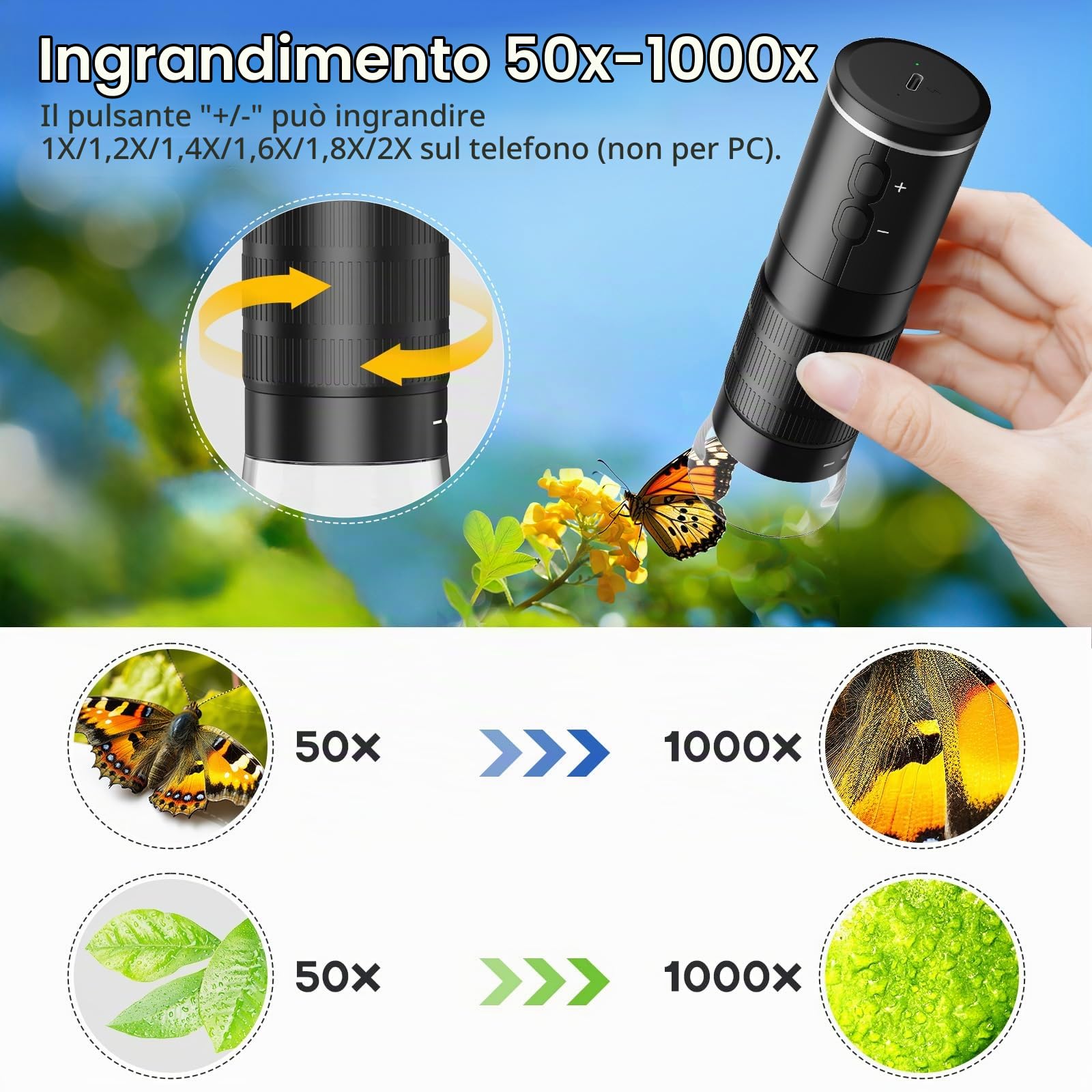 MAXLAPTER Microscopio Digitale WiFi 50X-1000X per Adulti e Bambini, Portatile Microscopio USB con Supporto Metallo, Compatibile con iPhone iPad Android Windows Mac