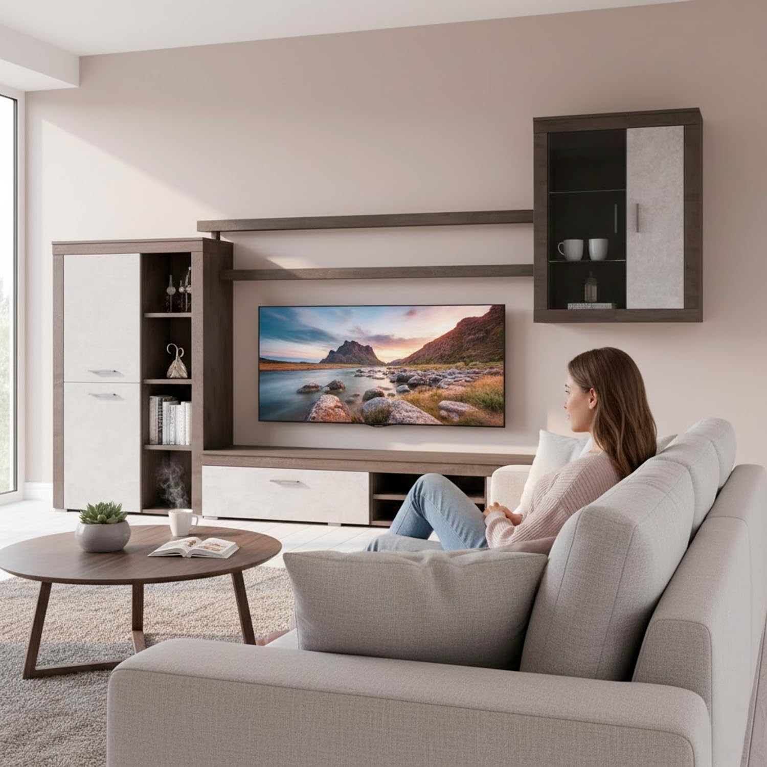 Parete Attrezzata Da Soggiorno Salotto Moderna Con Mobile TV Ante Mensole Vani A Giorno Vetrinetta Design Moderno Moduli Sospesi 293 X 193 X 50 Cm Ossido E Grigio Cemento
