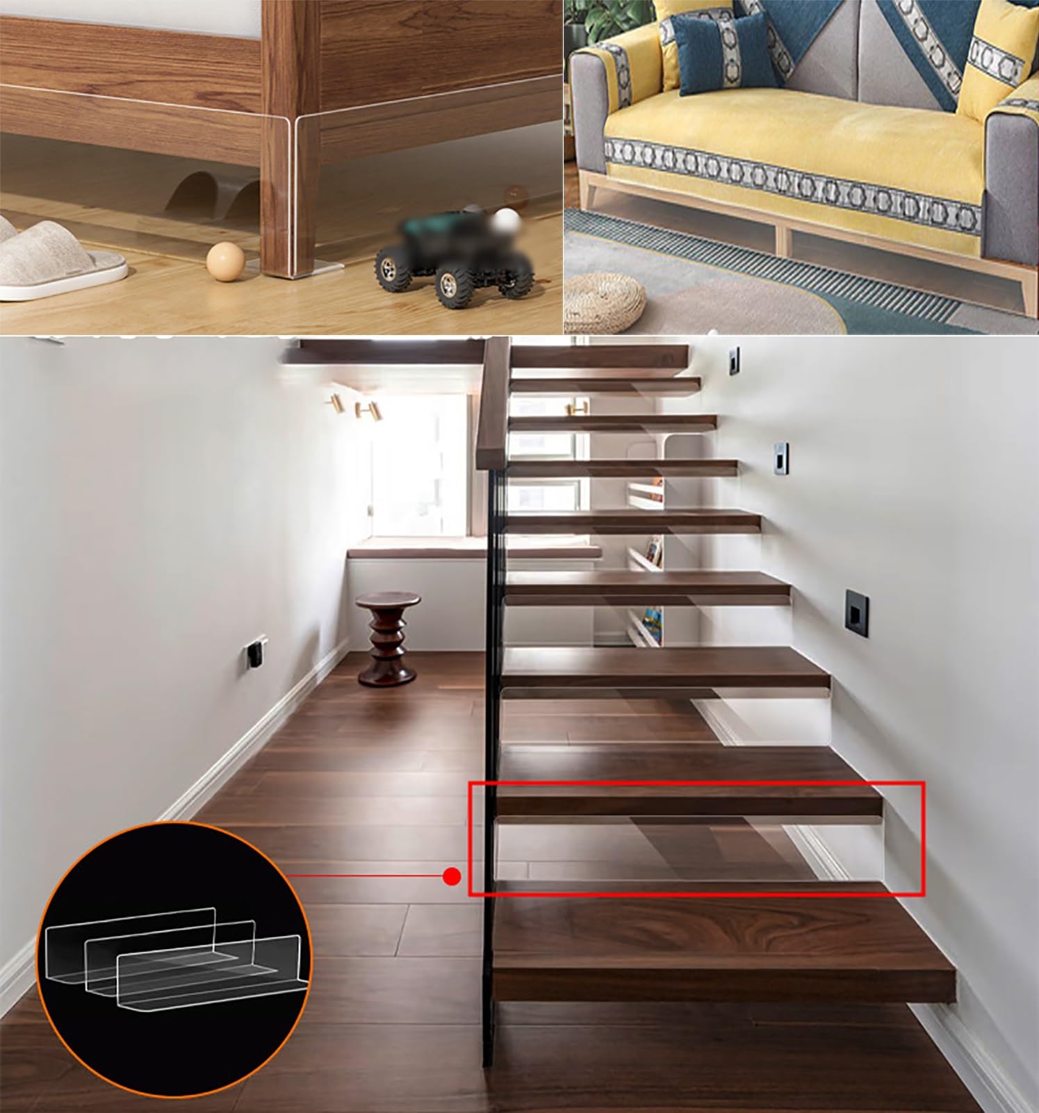 Barrera Seguridad Escalera Funda Autoadhesiva Debajo Cama/Transparente