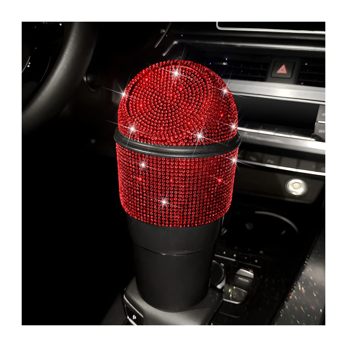 AICEL Car Bling Rhinestone Trash Can, Car Accessories, Mini Garbage Bin with Lid for Auto Cup Holder, Leakproof Crystal Small Garbage Can, Plastic Trash Bin for Home Office Kitchen