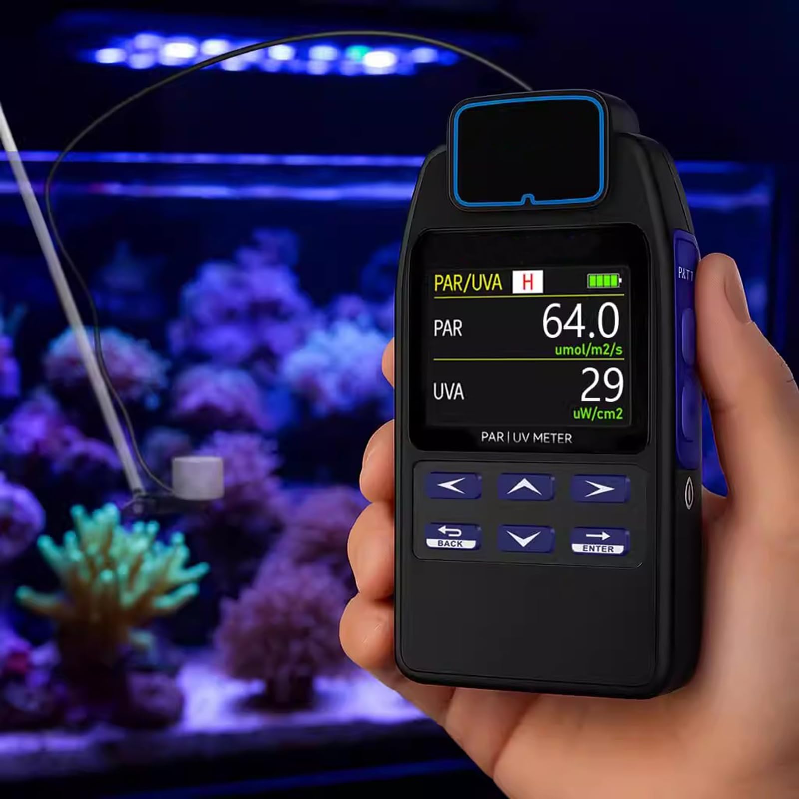 Medidor PAR para Acuarios De Arrecife, Prueba PPFD, UVA W/m², con Pértiga Telescópica, Sensor Impermeable, Muestra R, G, B% En La Luz del Acuario, para Plantas Subacuáticas