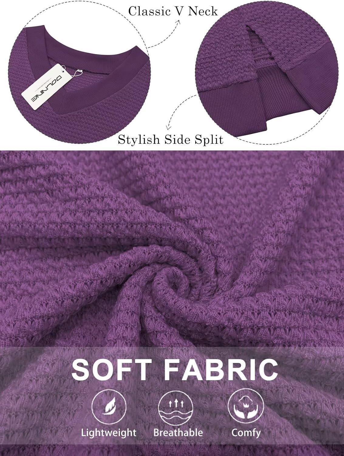 DOLNINE Plus-Size-Tops for Women Casual V Neck Pullover Cute Waffle Knit Lantern Sleeve Sweaters Fashion Side Split Tunics - Image 3