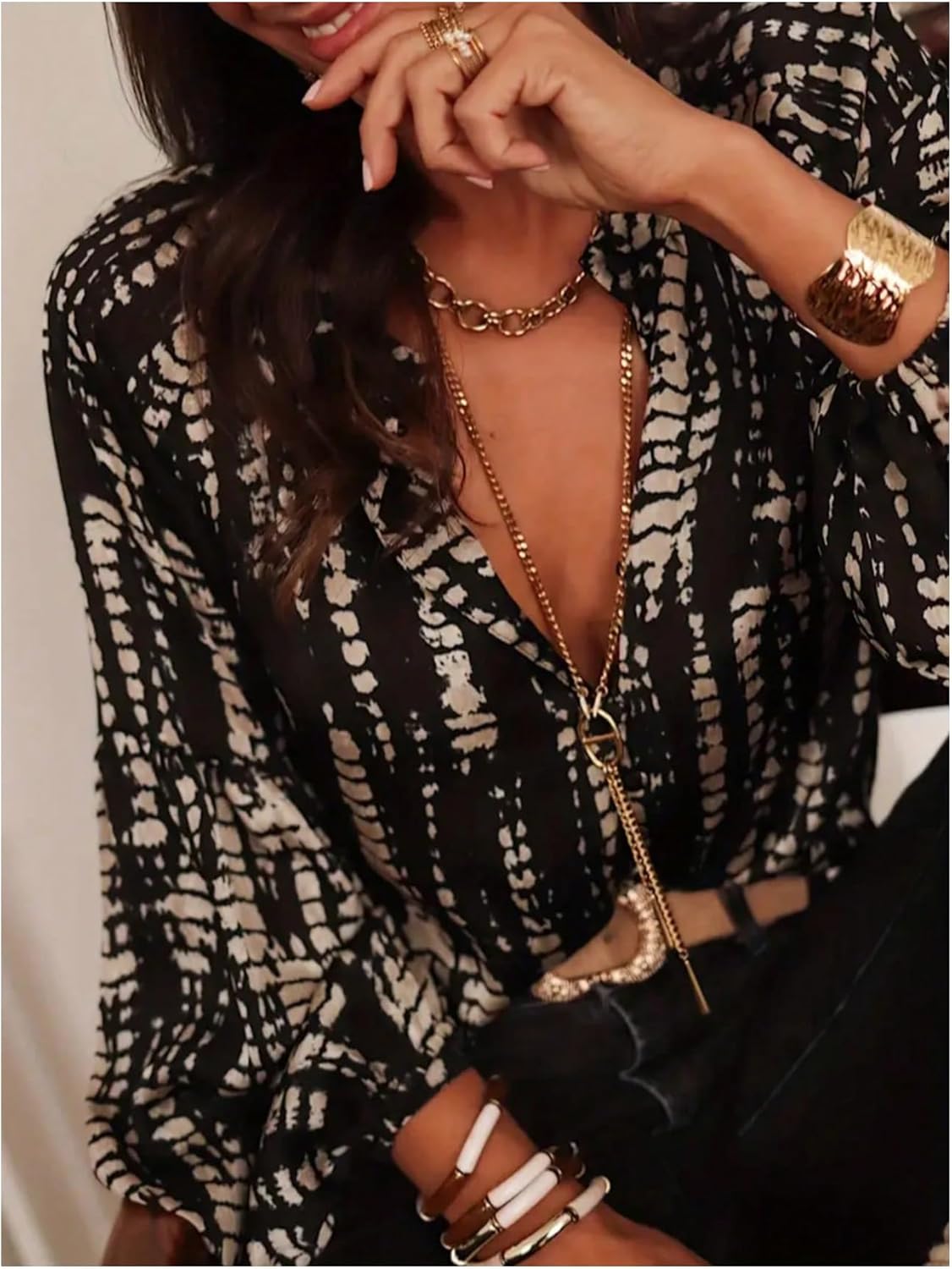 GORGLITTER Women's Graphic Button Down Blouse Bishop Long Sleeve Crew Neck Business Casual Tops Shirt - Image 5