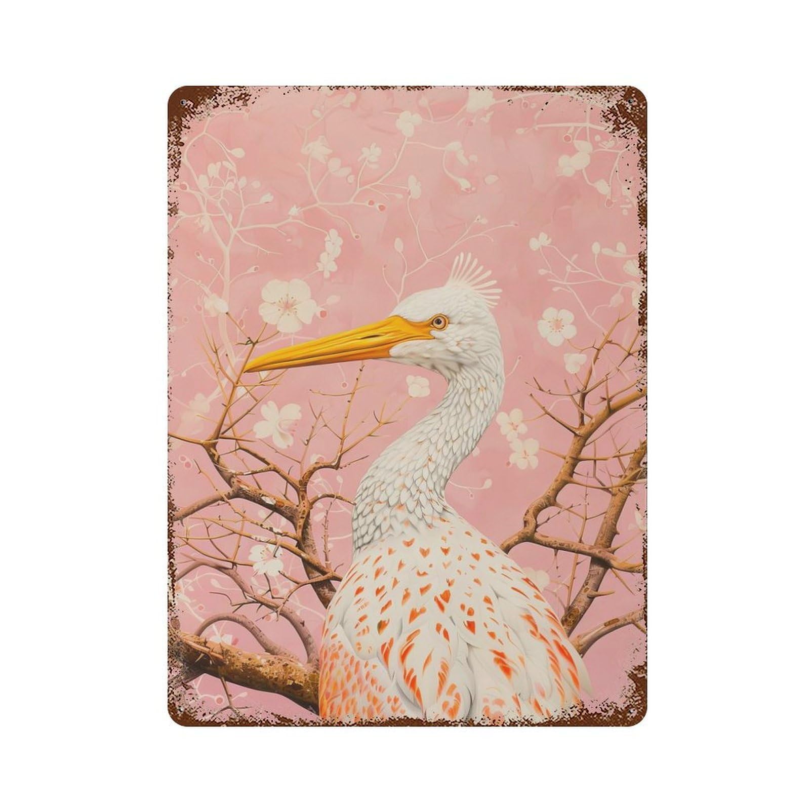 Distressed Metal Wall Sign with Elegant Heron with Cherry Blossoms Design 15.7"x11.8", for Living Room, Hallway And Home Decor, Vintage Wall Decor