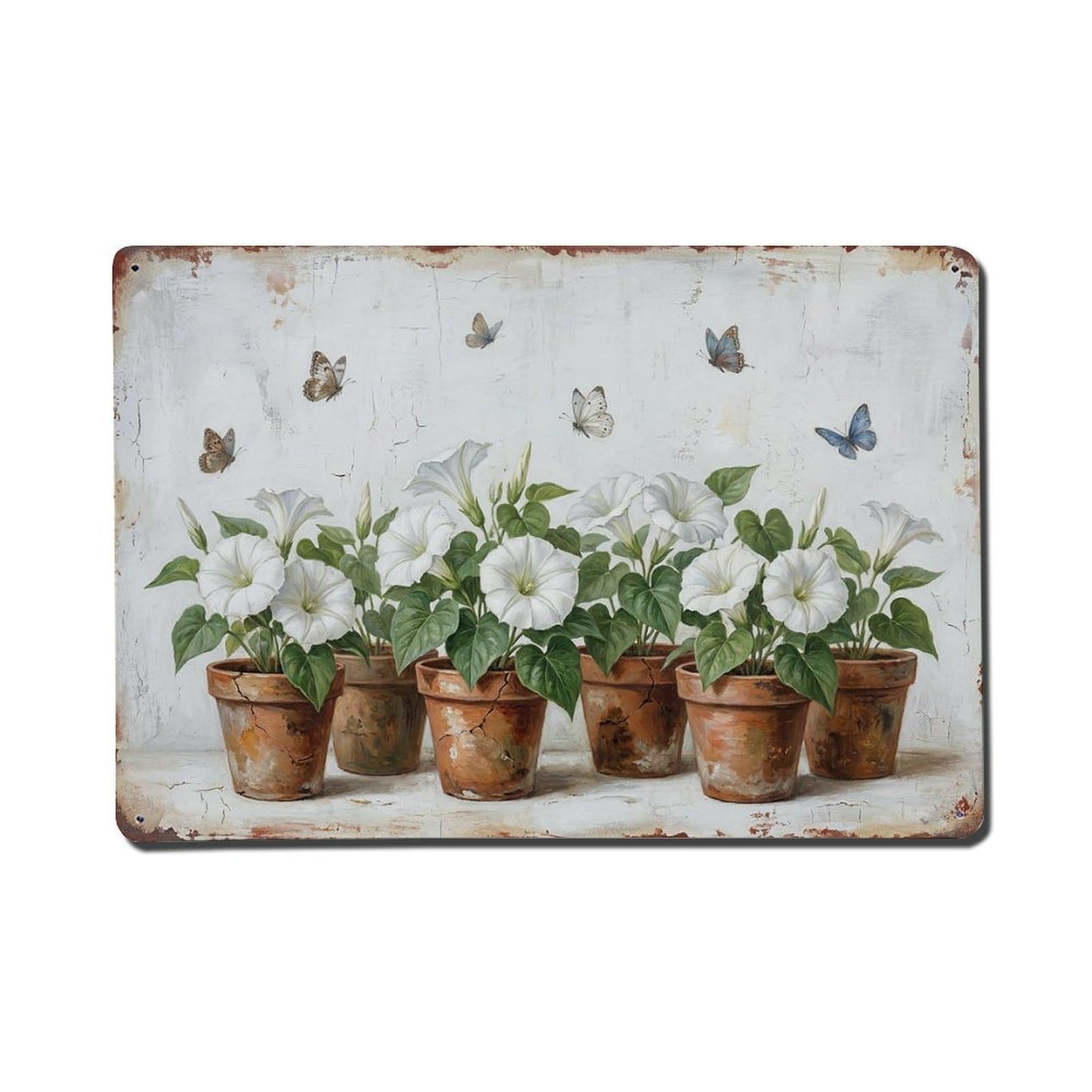 Vintage Rustic Flower Potted Plants Moonflower Metal Tin Sign