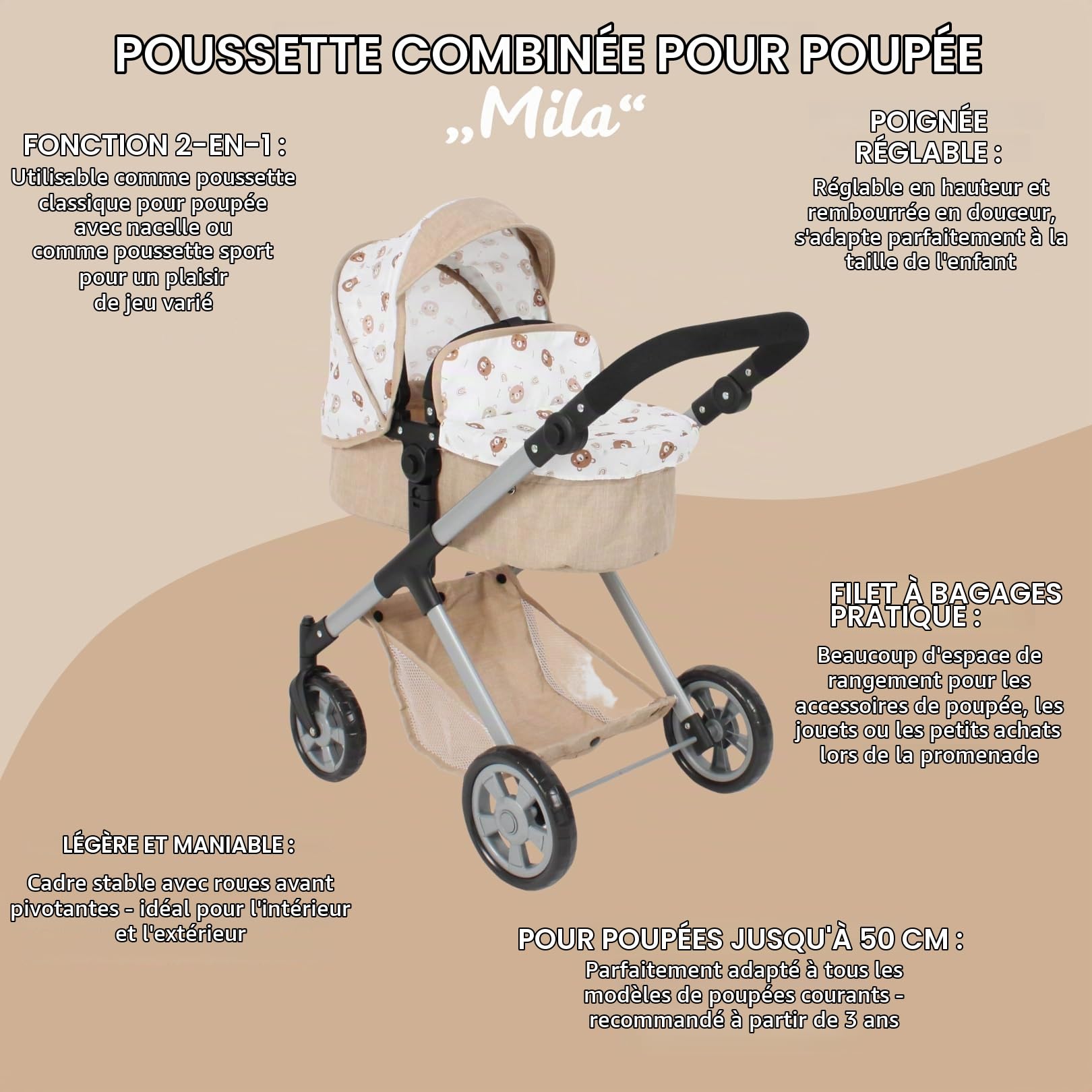 Bayer Chic 2000 Poussette combinée pour poupée Mila | 2 en 1 | Ours Beige | Poussette polyvalente 2 en 1 avec siège sport réversible, nacelle et roues pivotantes. Hauteur réglable (39-72 cm).