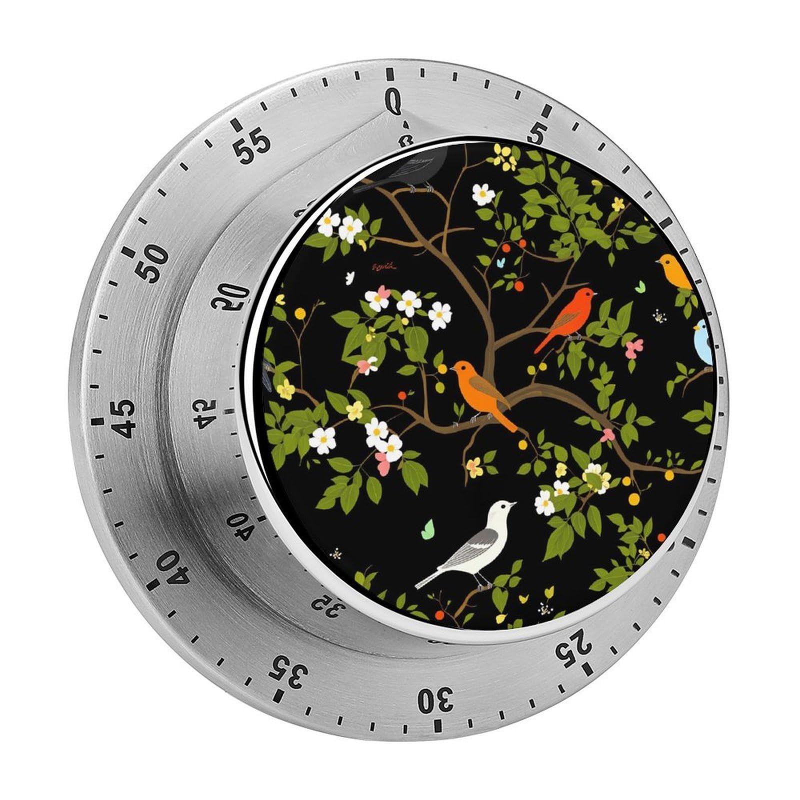Colorful Birds Tree Branch Floral Pattern 60 Minute Wind Up Timer,Visual Mechanical Magnetic Timer with Loud Alarm for Kitchen