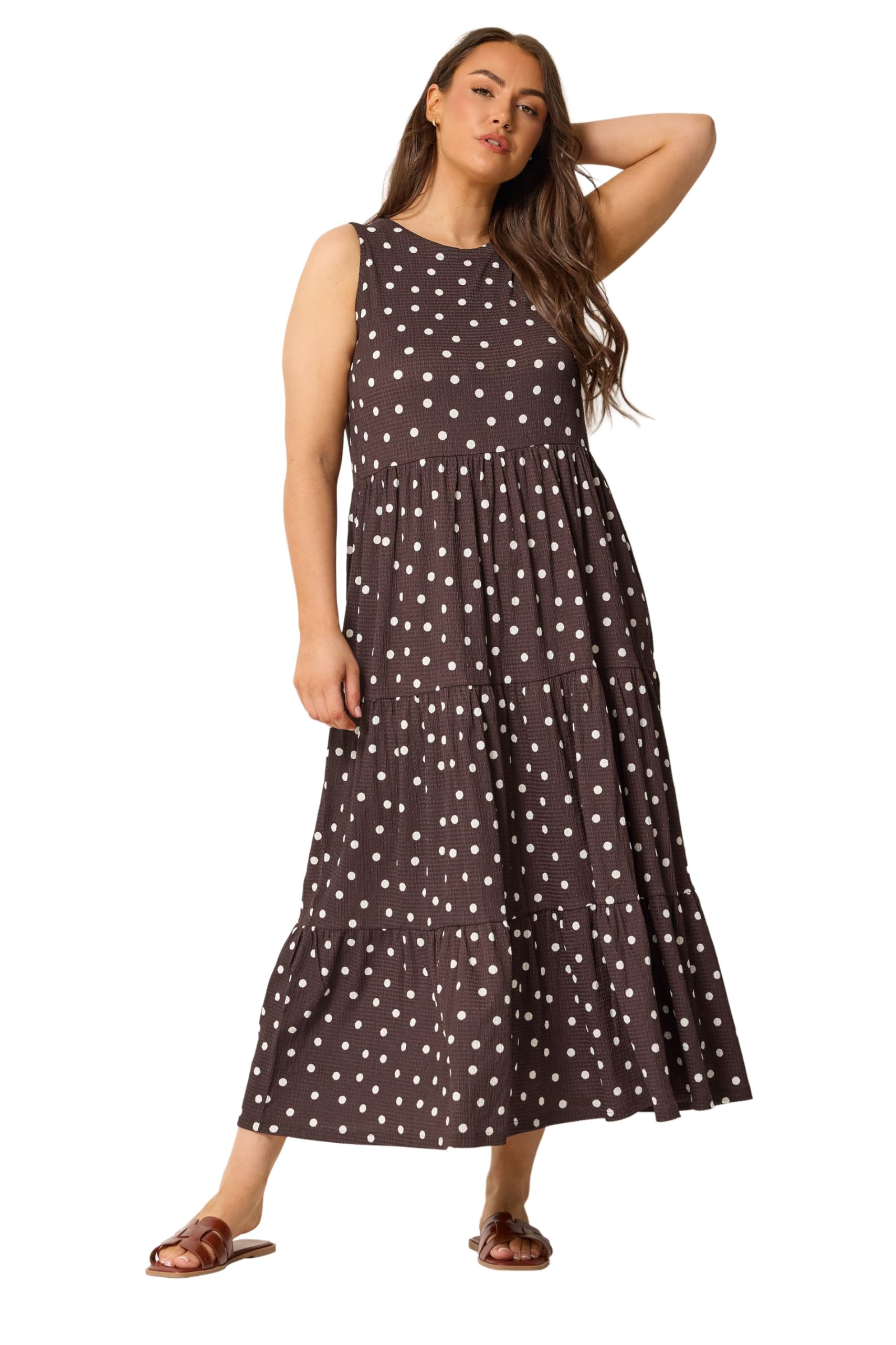 Yours Women's Chocolate Polka Dot Tiered Maxi Dress In | : 22/24